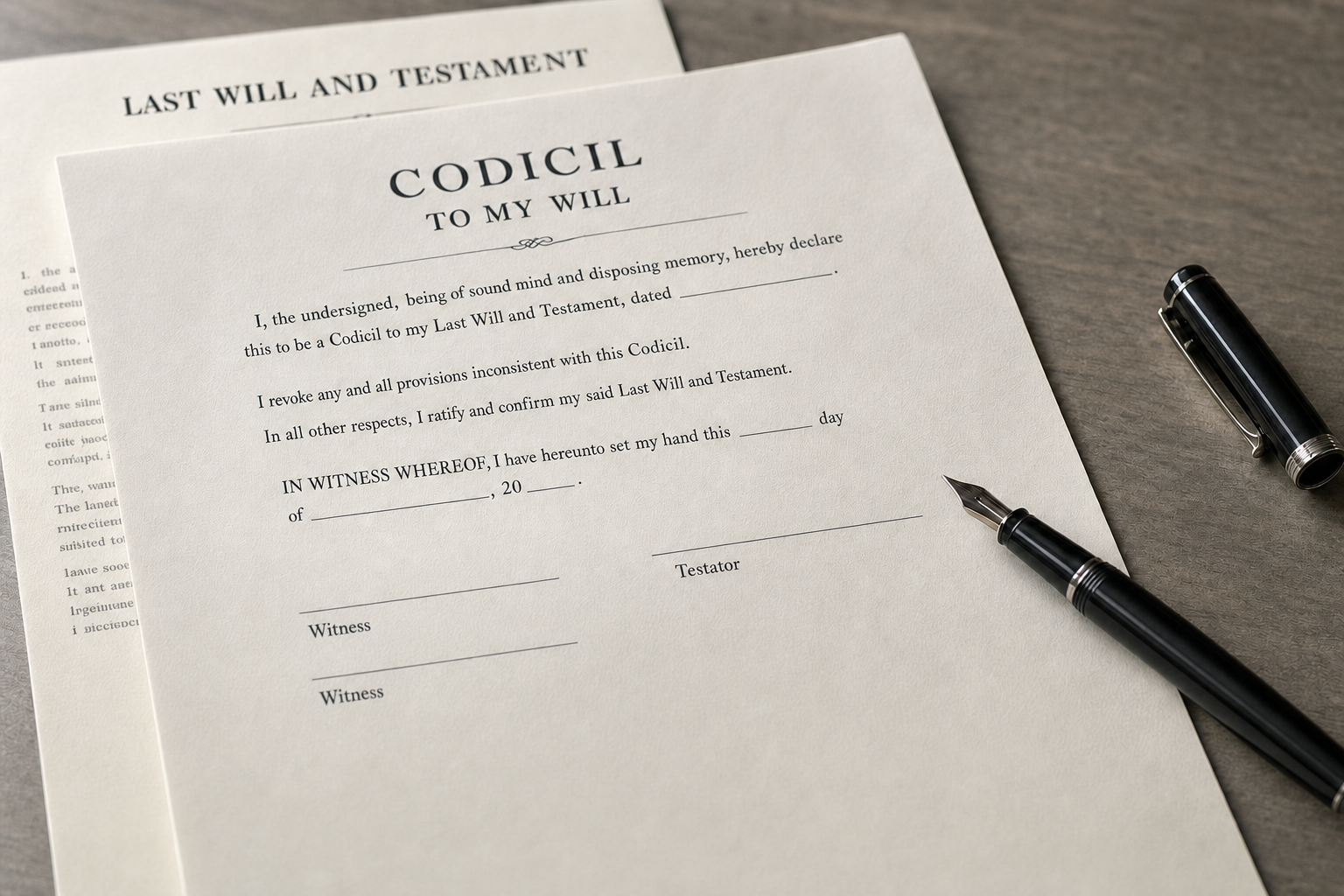 Codicil document on a table with a pen, placed on top of a Last Will and Testament.