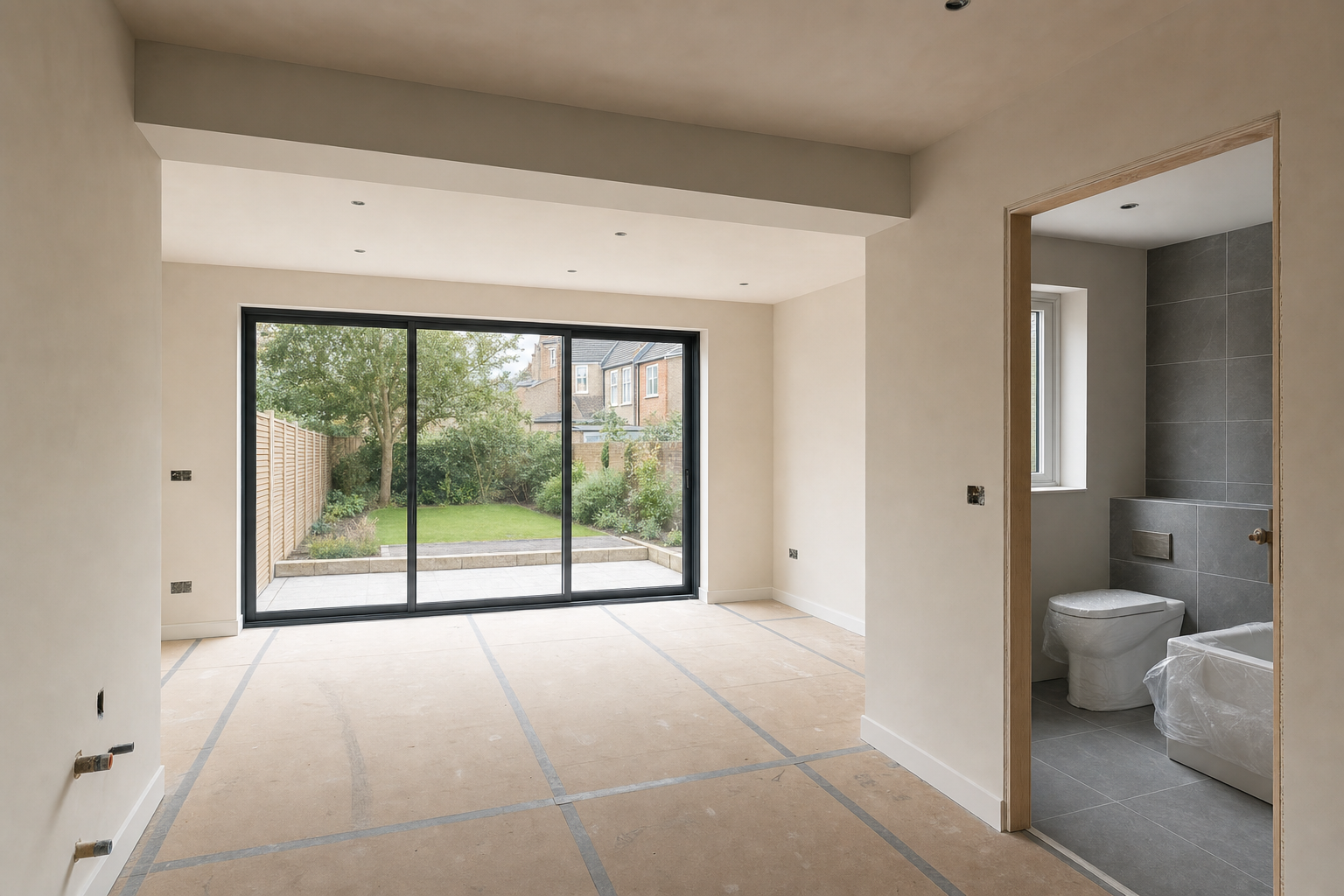Unfinished room with large sliding glass doors opening to a garden, adjacent to a partially fitted bathroom.