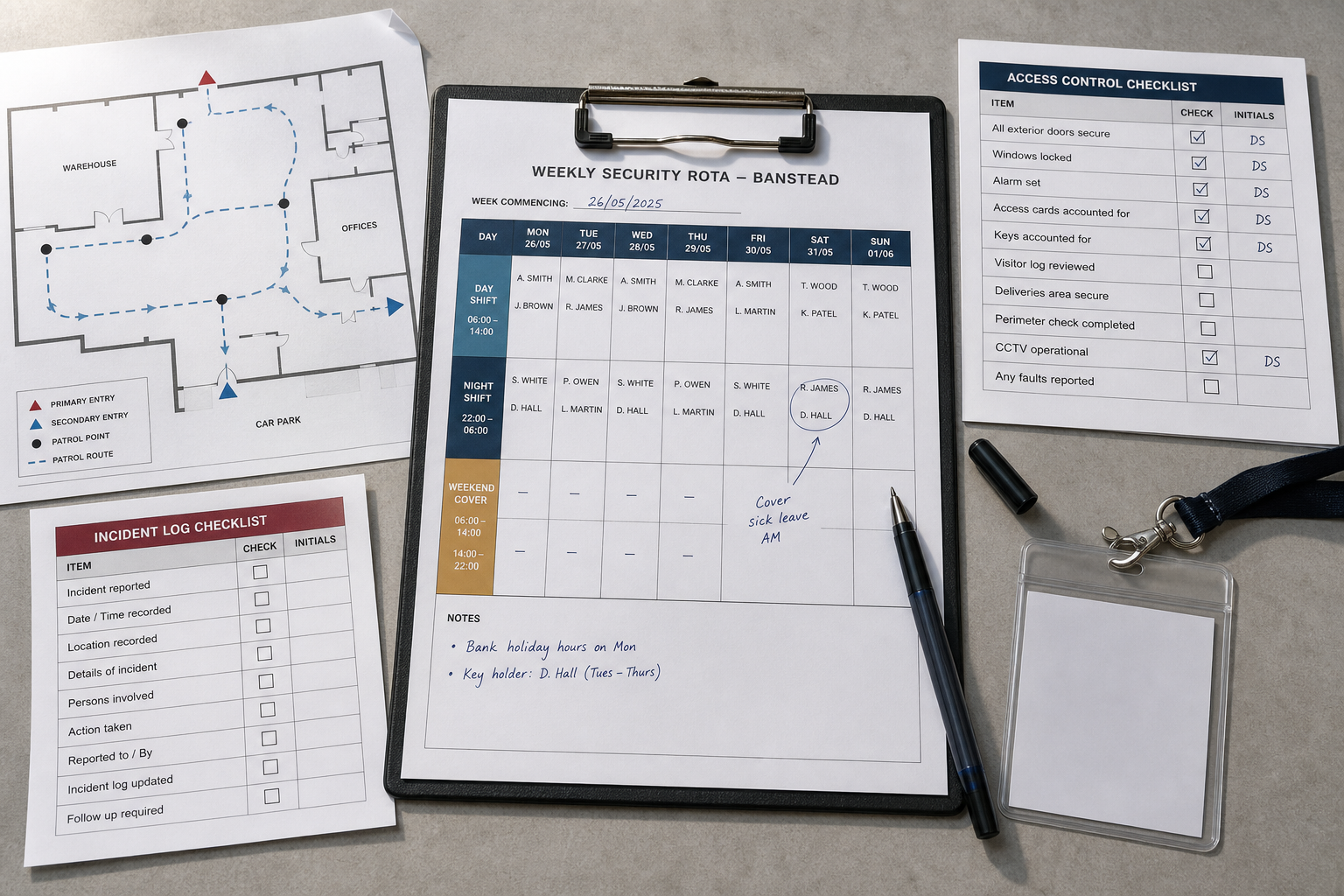 Security rota and checklists on a desk, with a floor plan, pen, and empty ID badge holder.