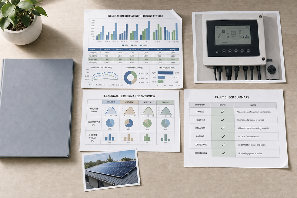 Desk with solar generation reports, a fault check summary, monitoring device, and photo of solar panels.