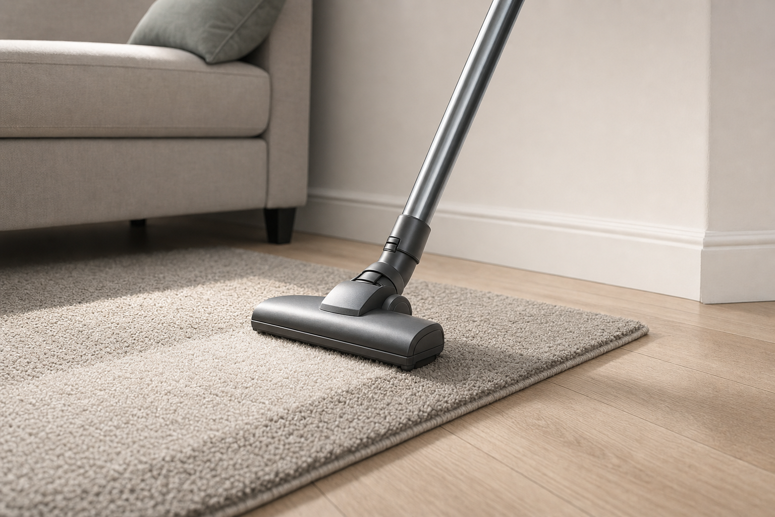 A vacuum cleaner head glides over a beige carpet beside a grey sofa on a wooden floor.