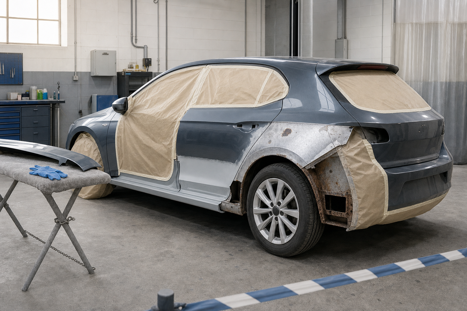 A car being prepared for repair in a workshop, with rusted areas and masking tape covering windows and parts.