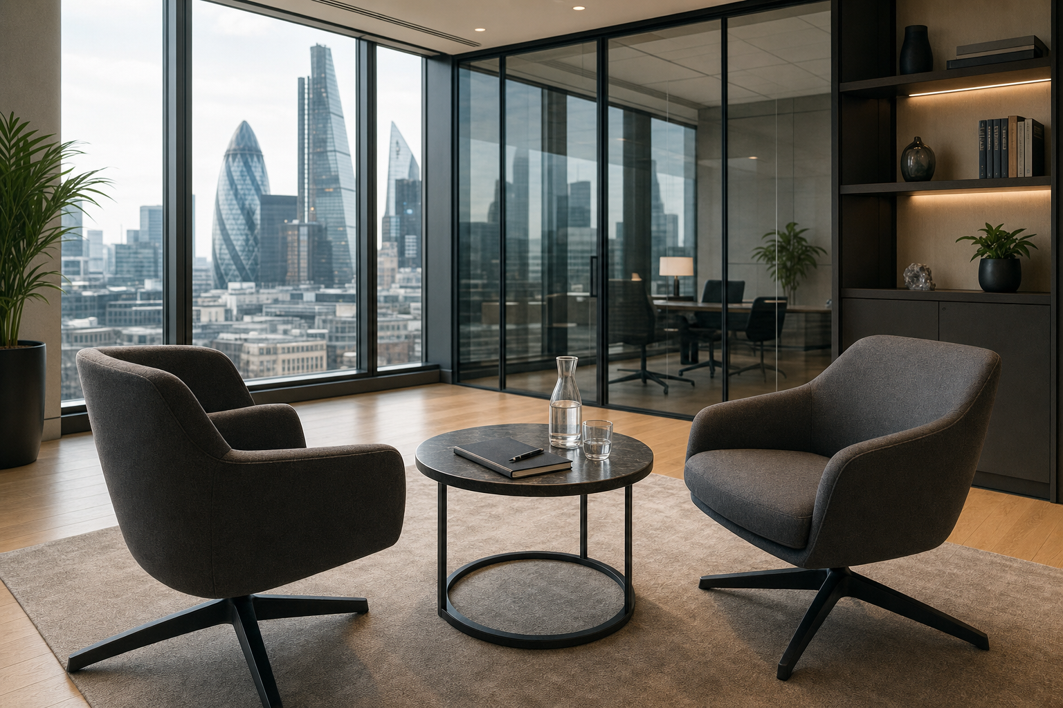Contemporary office lounge with two chairs, a round table, and a view of the London skyline through large windows.