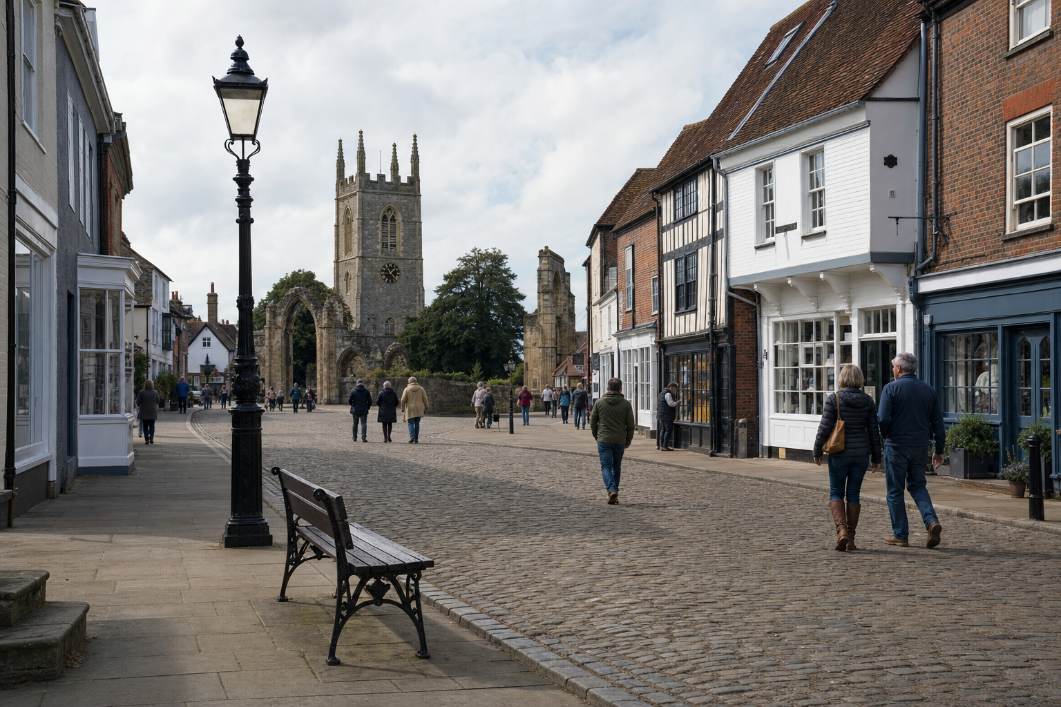 Historic town street with cobblestones, people walking, and a church tower in the background under a partly cloudy sky.