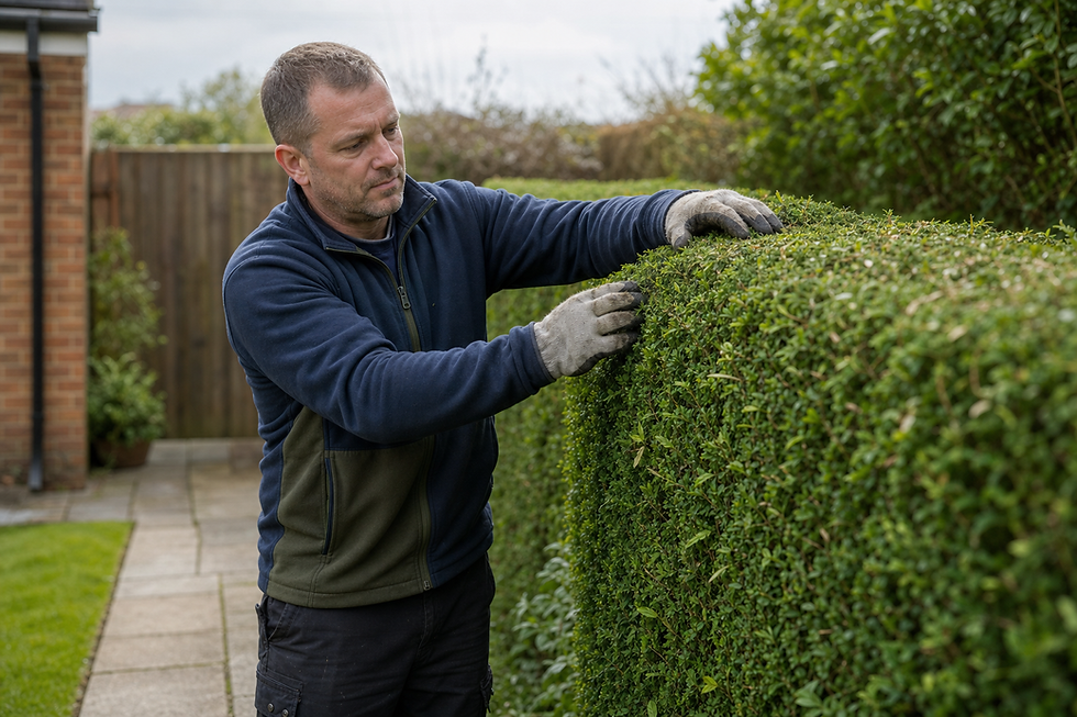 A man in gloves trims a neatly shaped hedge in a garden setting.