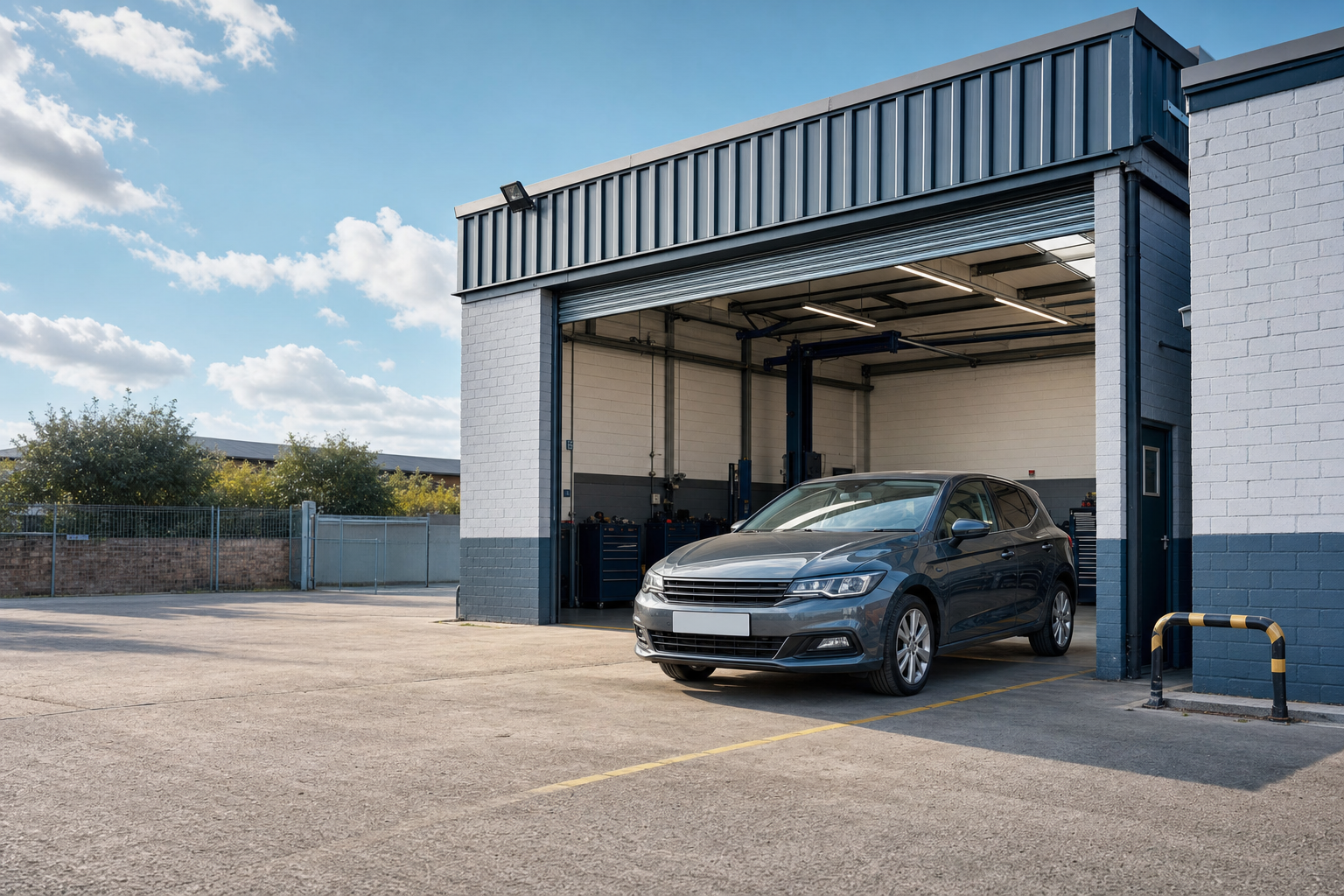A grey car is parked outside a garage on a sunny day, with a clear sky and scattered clouds.