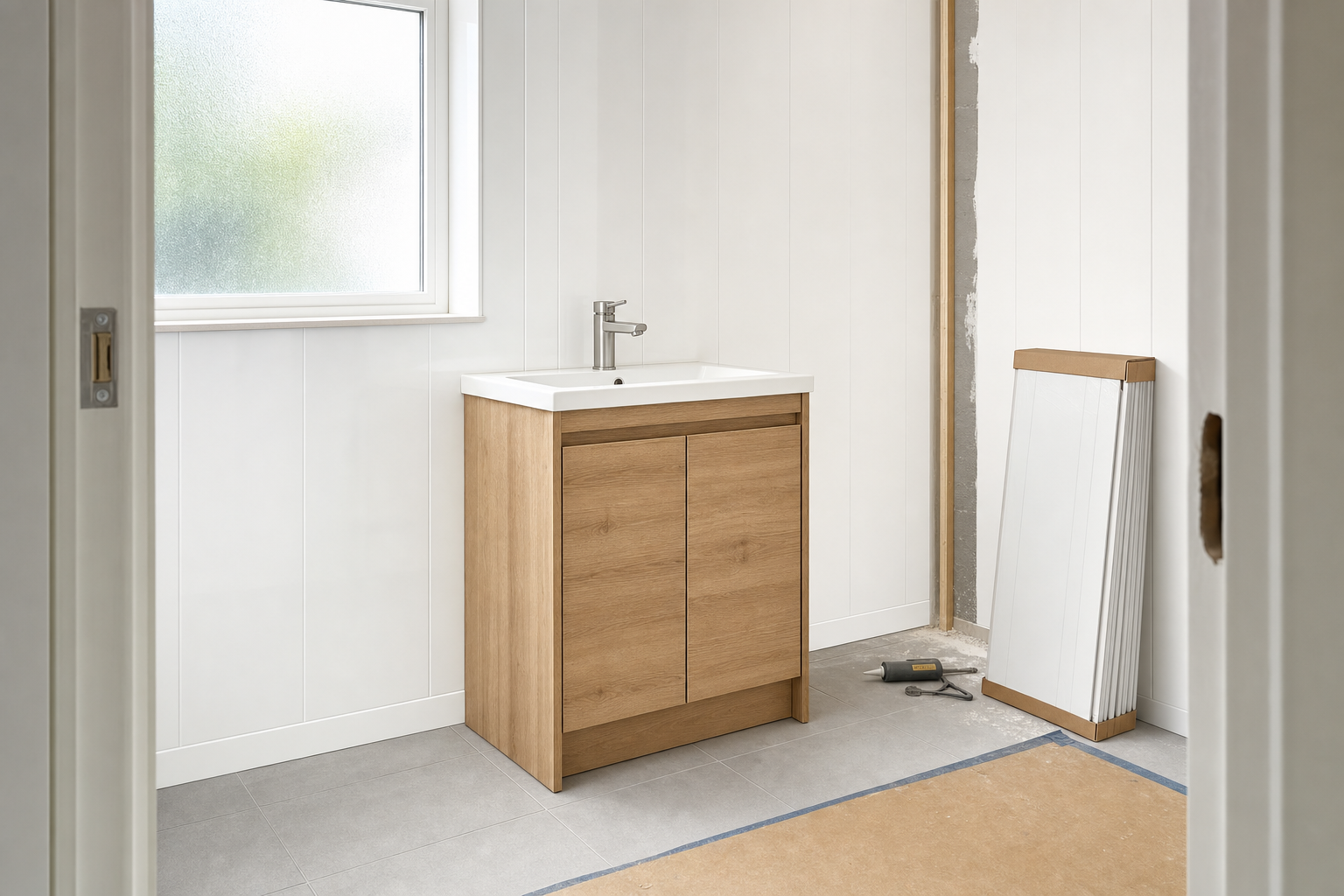 A new wooden bathroom vanity unit stands against a white panelled wall in a room under renovation.
