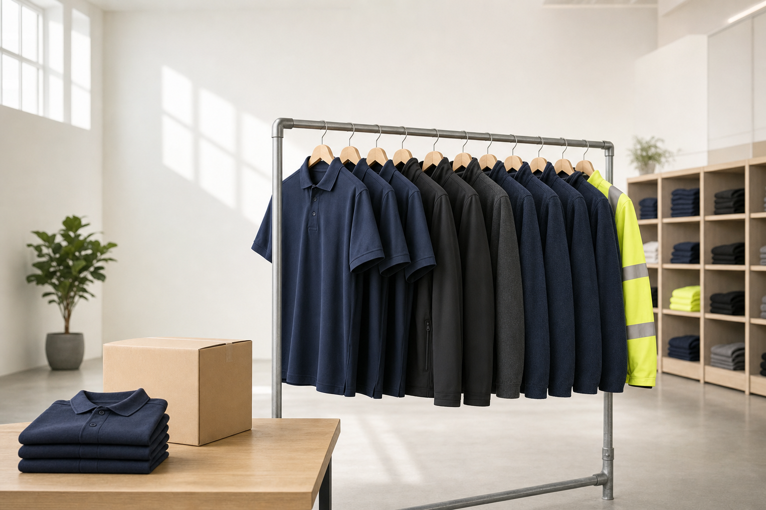 A clothing rack with blue and black shirts, a yellow reflective jacket, a cardboard box, and folded shirts on a table.