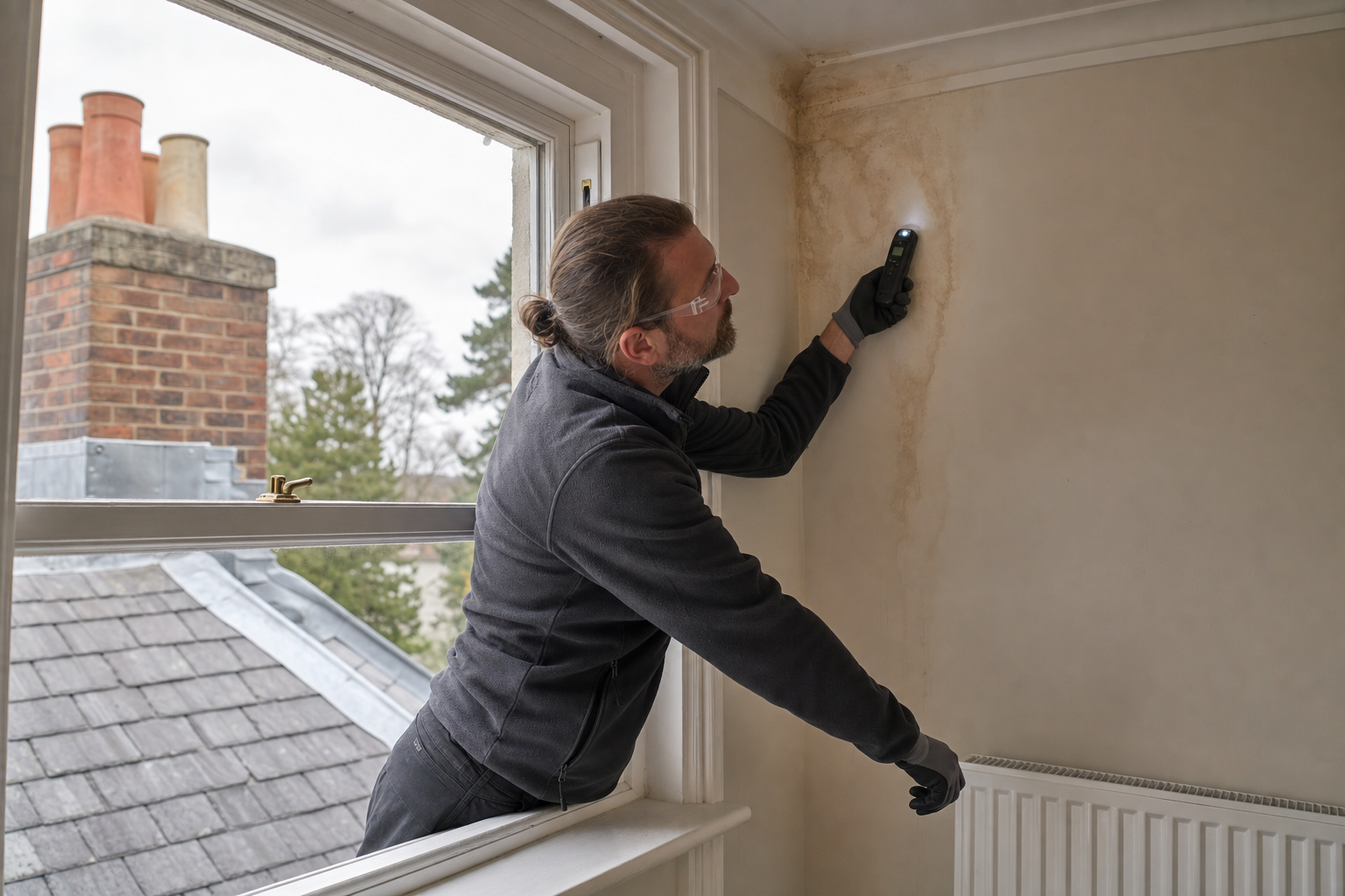 A man examines water damage on a wall with a flashlight, near an open window.