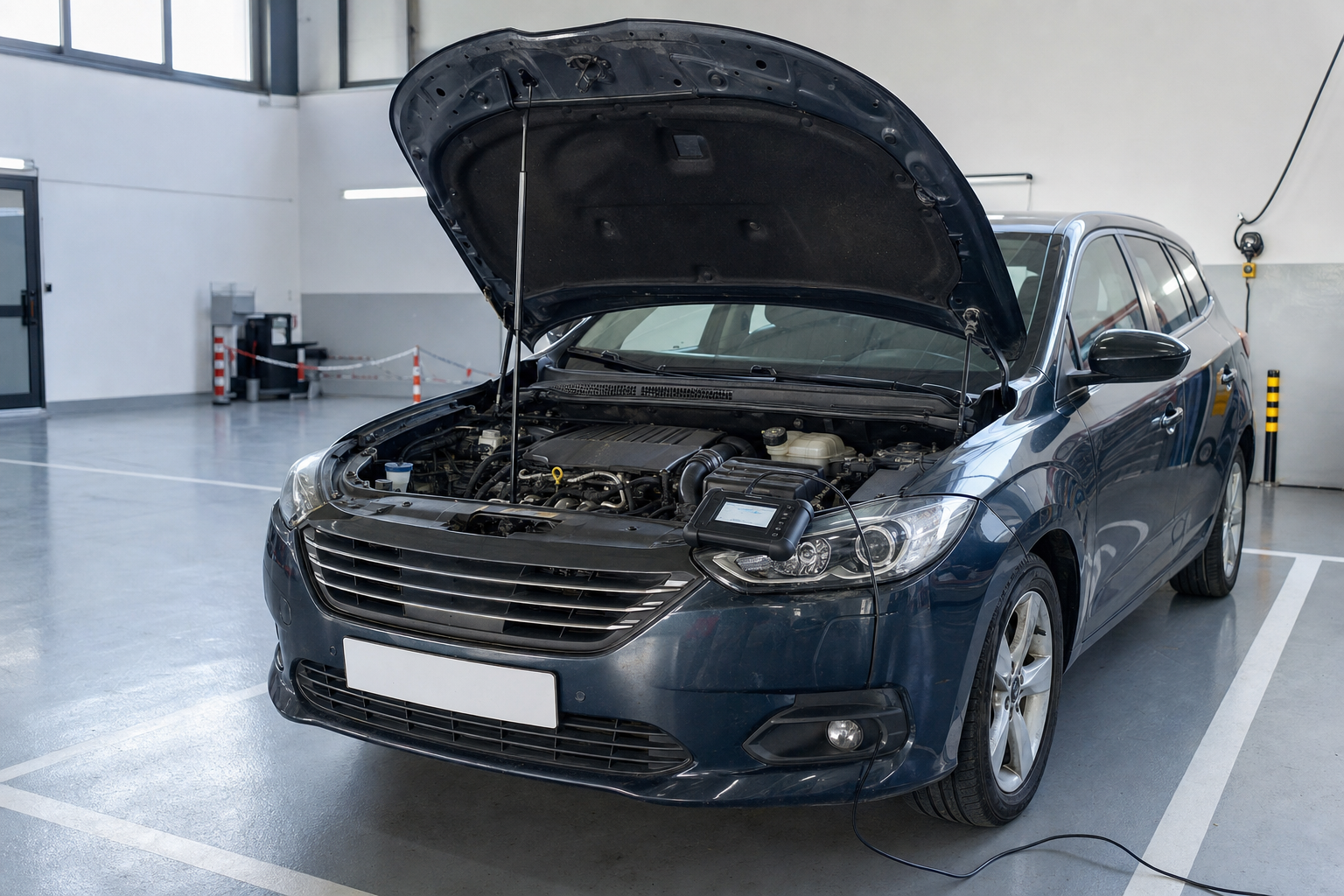 A dark blue car with its bonnet open in a garage, undergoing diagnostics with a device attached to the engine.