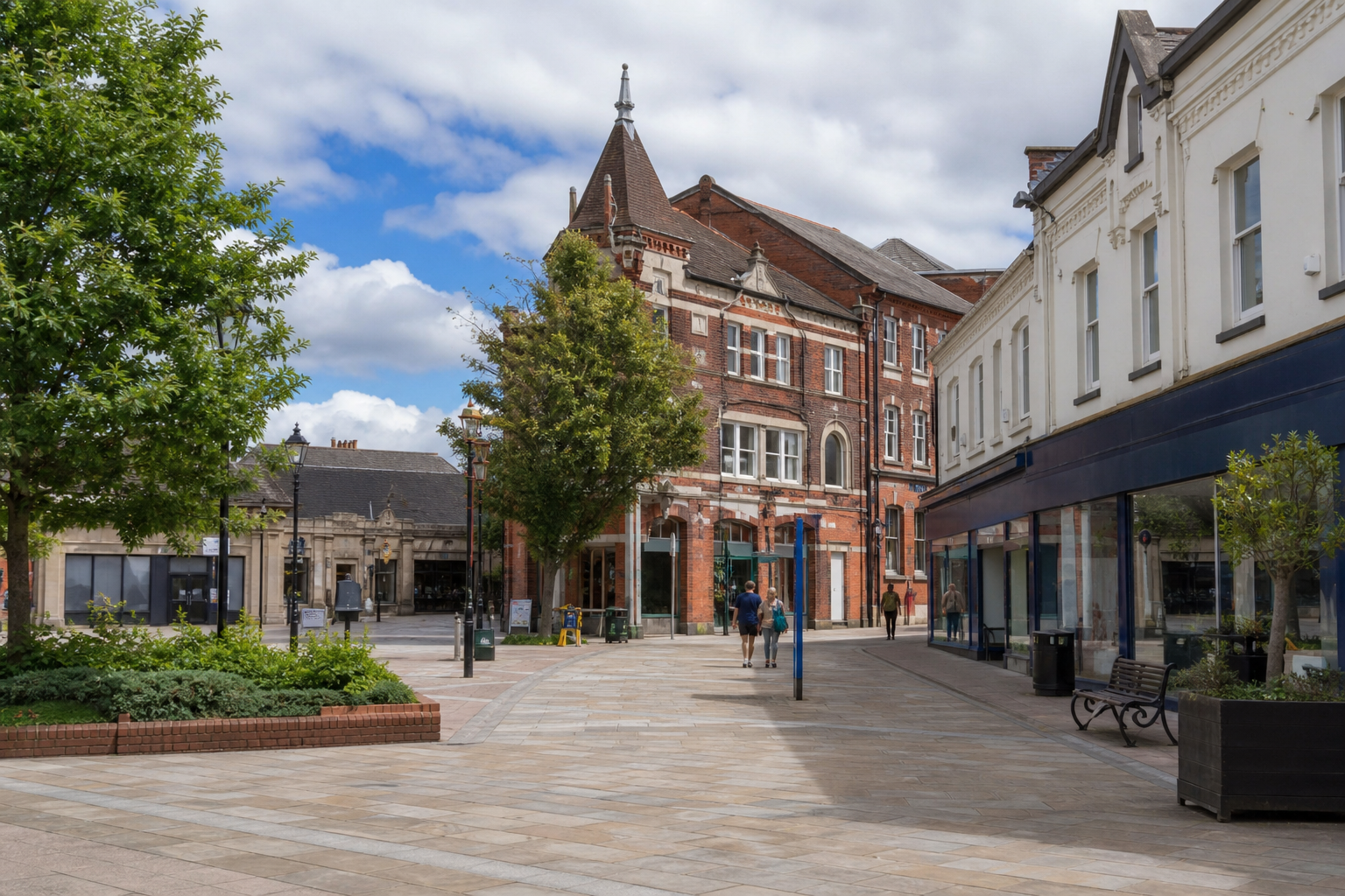 A quiet, scenic street with historic brick buildings and trees under a partly cloudy sky.