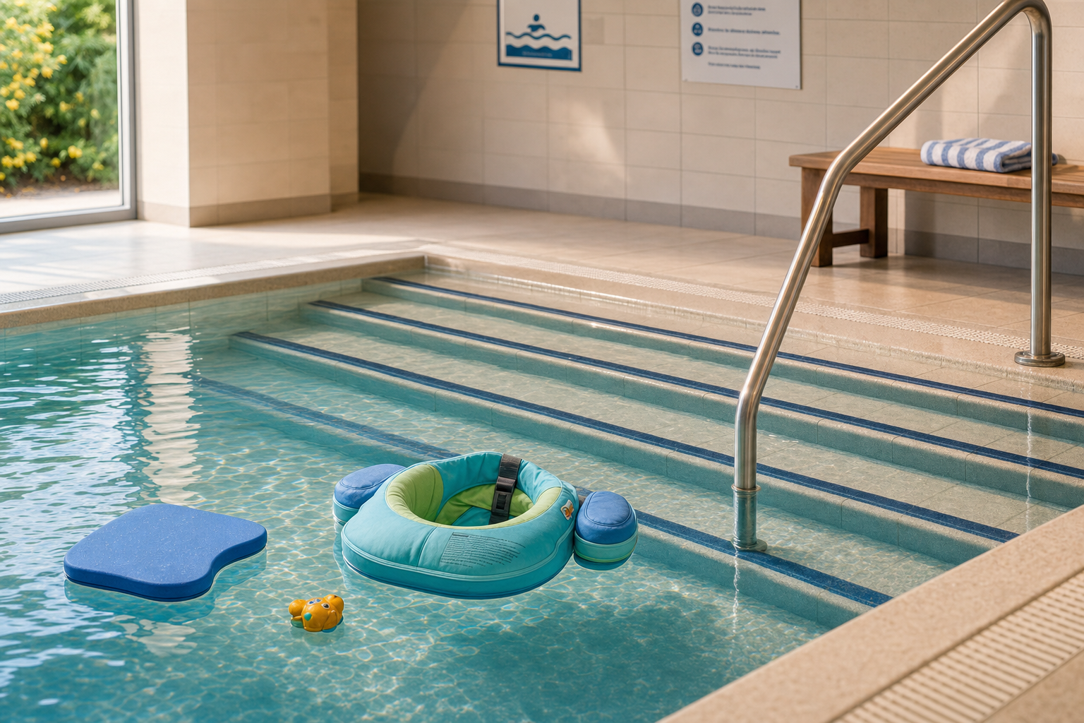 An indoor swimming pool with a baby float, foam pad, and toy on the water near steps and a towel on a bench.