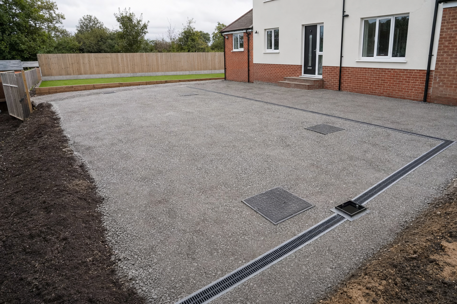 Newly laid gravel driveway with drainage channels in front of a modern brick house.