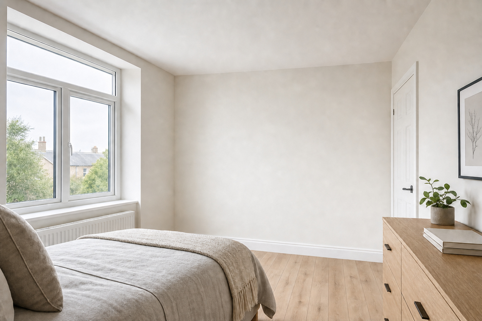 Minimalist bedroom with a large window, light wood flooring, and a wooden dresser topped with books and a plant.