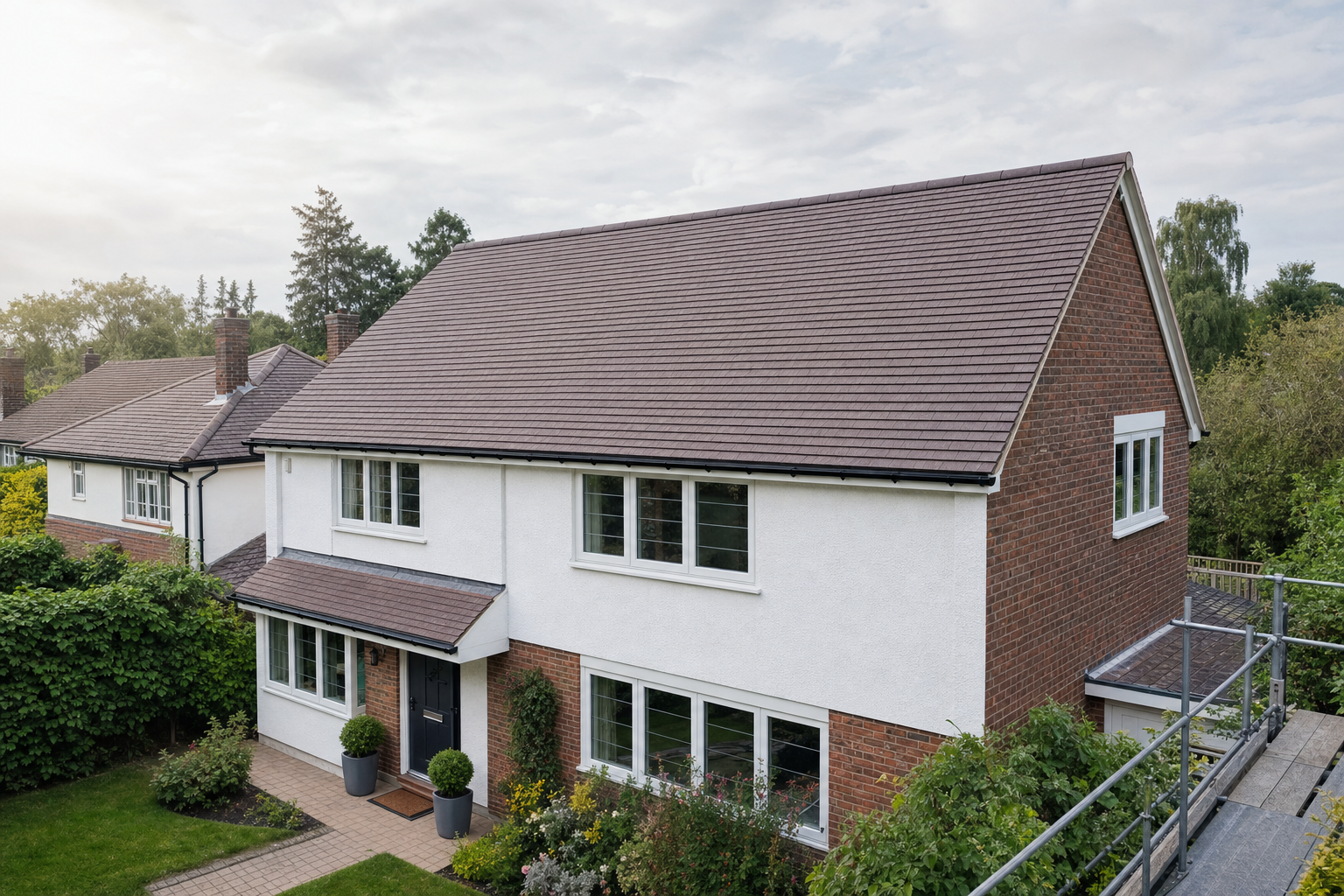 Modern two-storey brick and white house with a well-kept garden in a suburban setting.