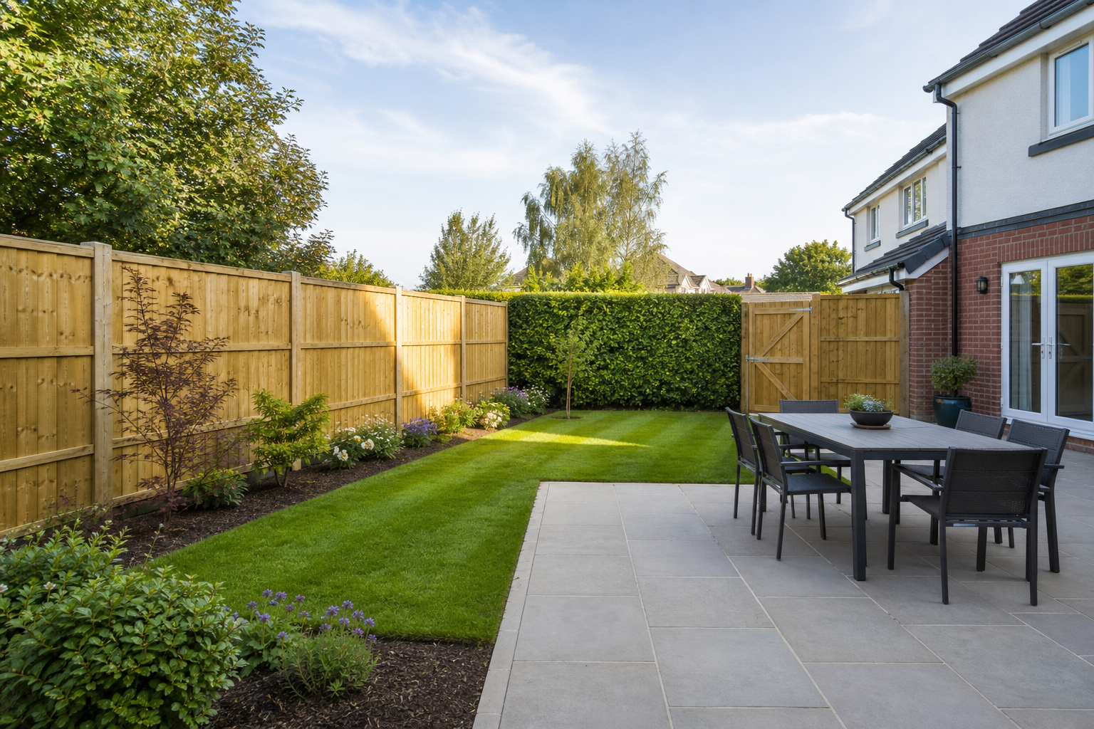 A neatly landscaped garden with a patio area, dining table and chairs, bordered by a wooden fence and green hedges.