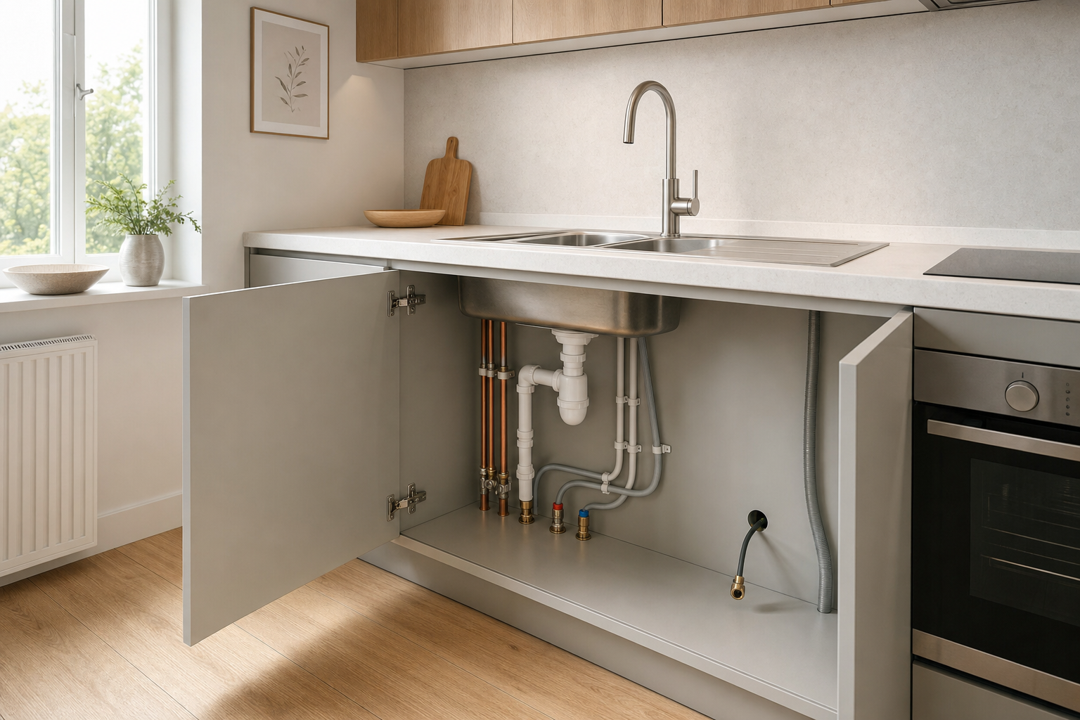 A modern kitchen sink with open cabinet showing plumbing and copper pipes beneath.