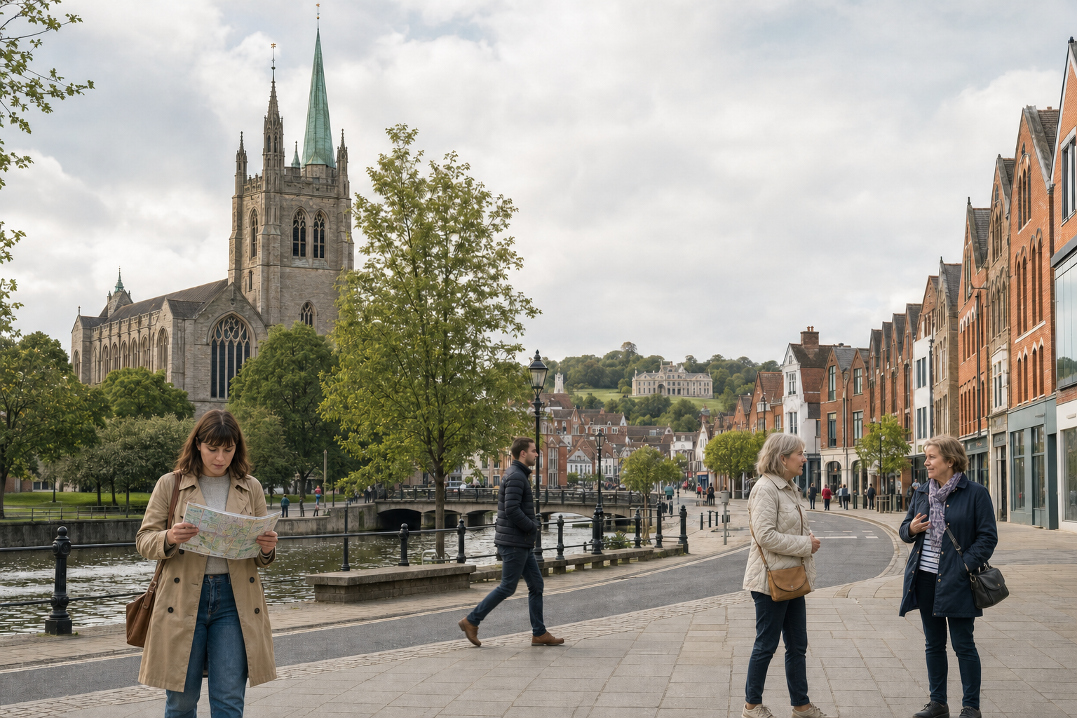 People walking and conversing near a canal, with a large cathedral and historic buildings in the background.