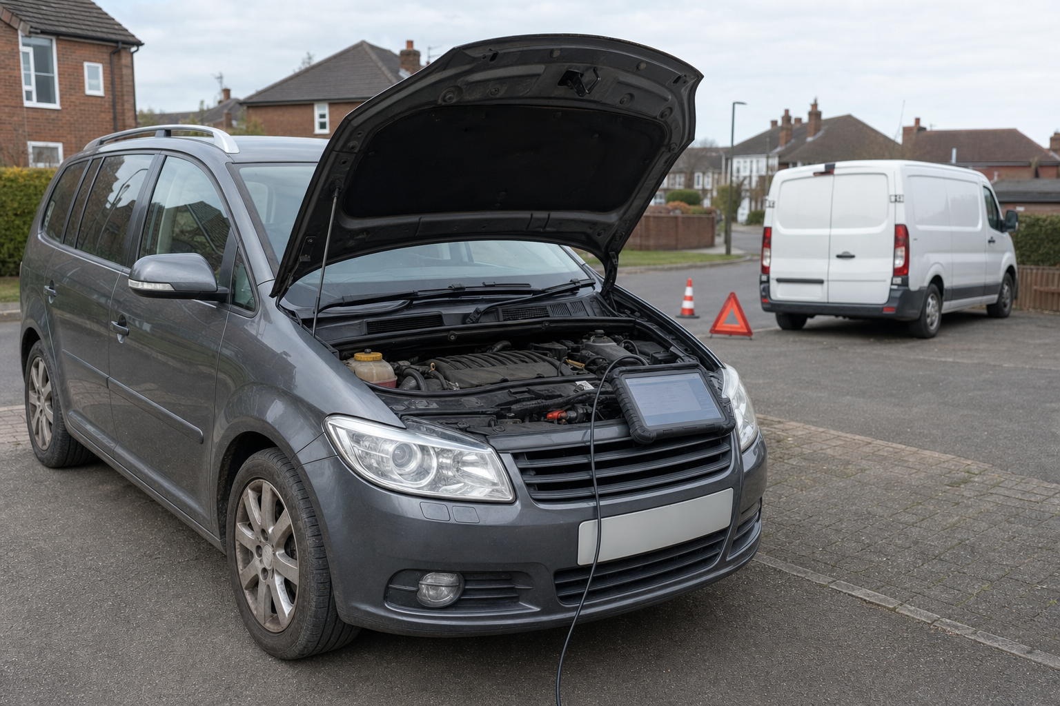A silver van with its bonnet open undergoing diagnostic testing on a suburban street with cones nearby.