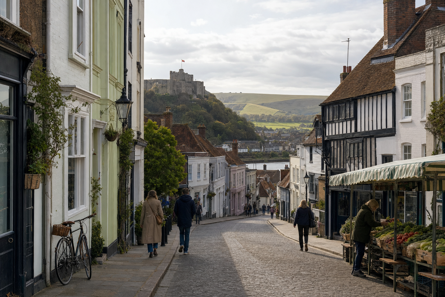 A cobbled street lined with historic buildings and a market stall, leading to a distant castle on a hill under a cloudy sky.