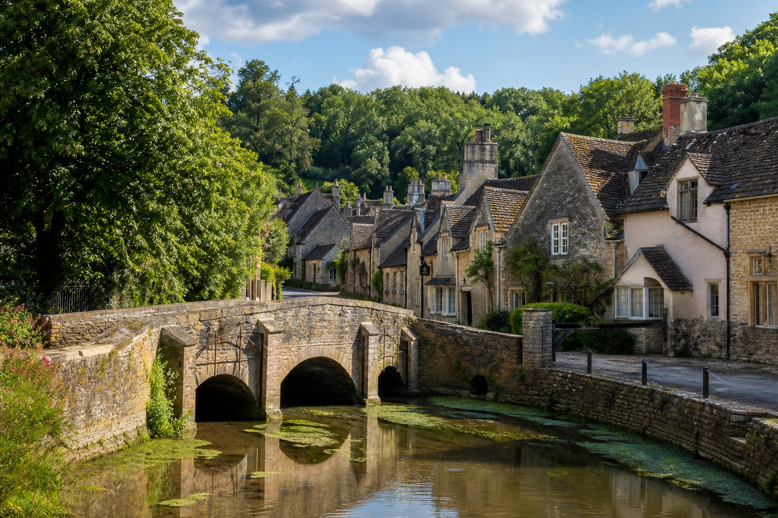 Stone bridge over a tranquil river surrounded by charming traditional houses and lush greenery.