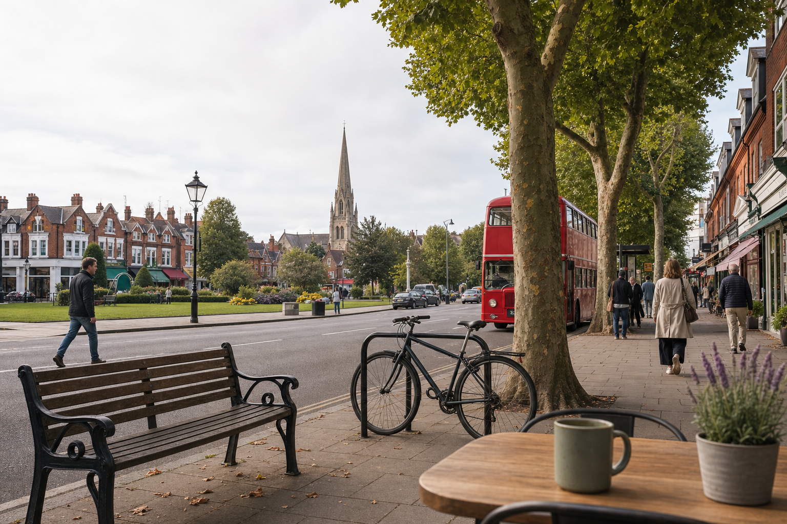 Tree-lined street with red double-decker bus, parked bicycle, and church spire in the background, viewed from a café table.