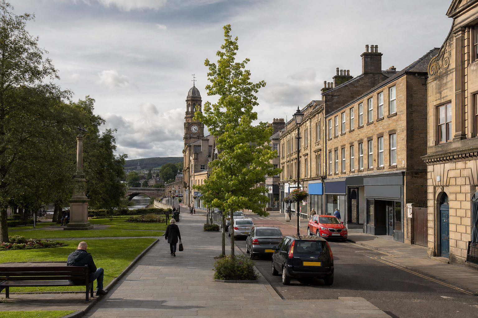 A quiet street scene with historic buildings, a clock tower, parked cars, and people walking near a park bench.