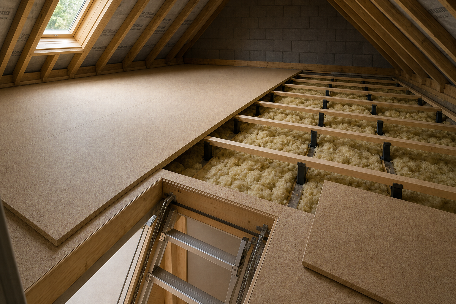 An attic under construction features partially installed floorboards, revealing fibreglass insulation within wooden joists.