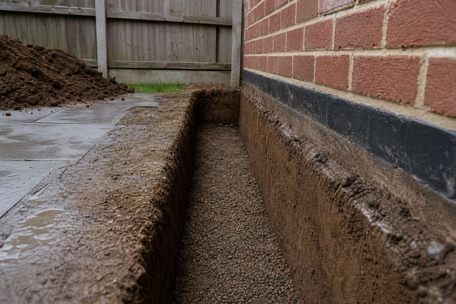A foundation trench dug alongside a brick house, next to a patio with stacked soil nearby.