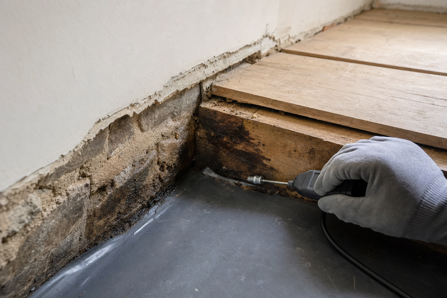 Person using a handheld tool to treat mouldy wooden floorboards beside a wall.