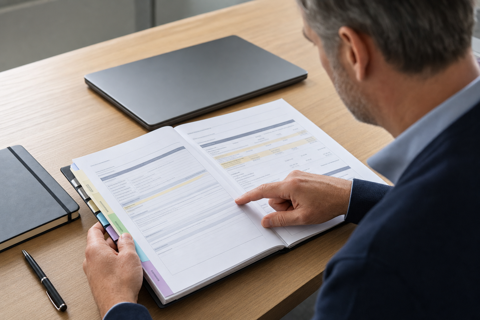 A person reviews documents in a binder at a desk with a laptop and notebook nearby.