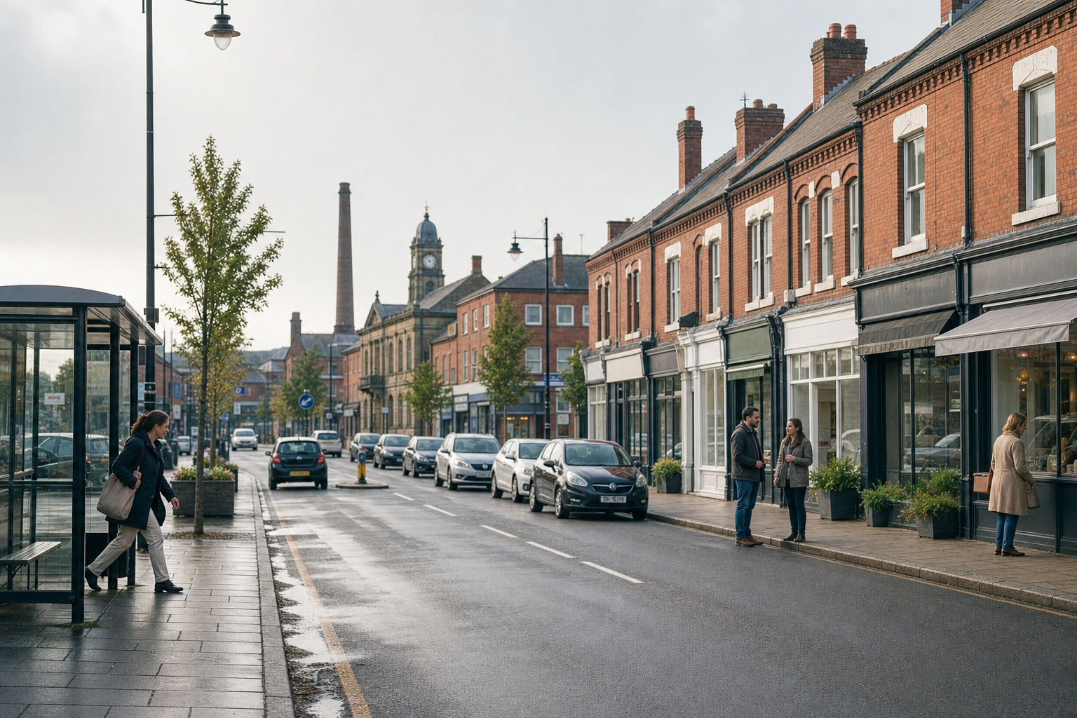 A quiet street lined with brick buildings and parked cars on a rainy day, with people walking and chatting on the pavement.