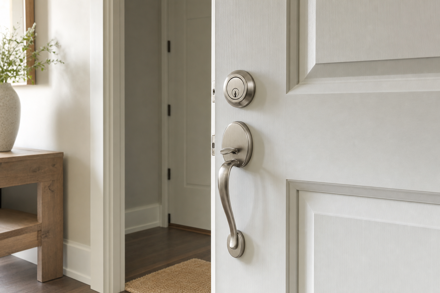 A modern door slightly open, revealing a hallway with a wooden console table and a vase of flowers.