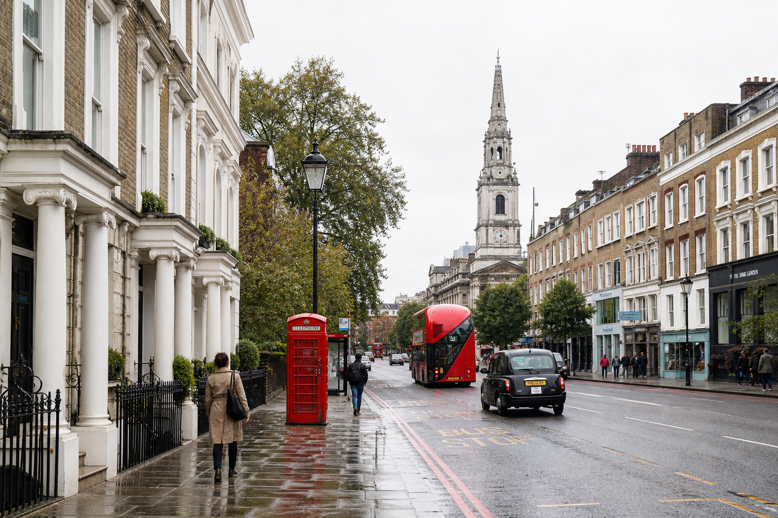 A rainy London street with a red telephone box, double-decker bus, black cab, and church in the background.