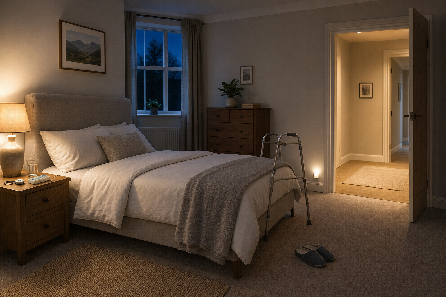 Cosy bedroom with a walker beside the bed, night light glowing softly in the hallway, and slippers on the carpet.