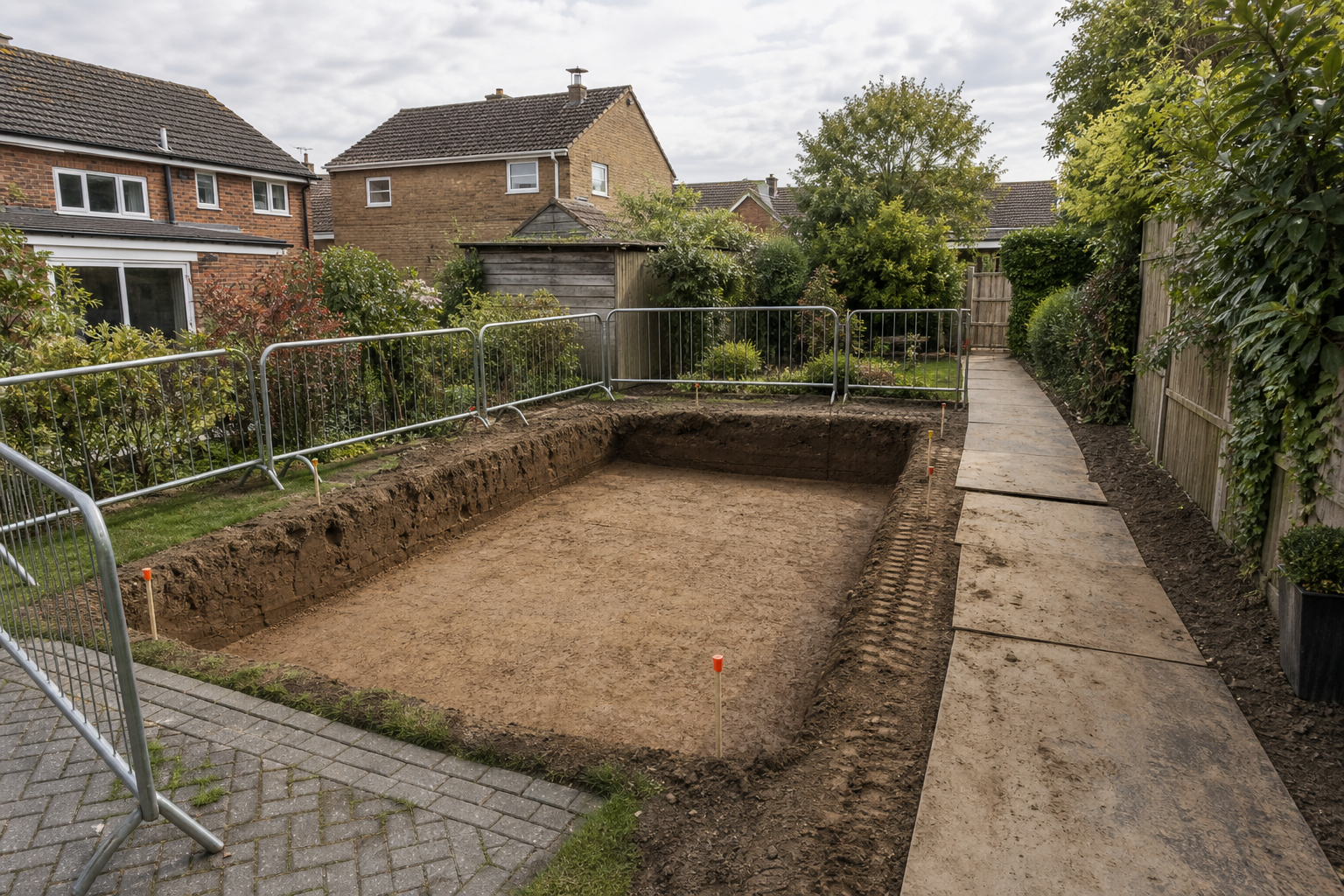 Rectangular excavation site in a suburban garden, bordered by metal fencing with paving slabs leading away.