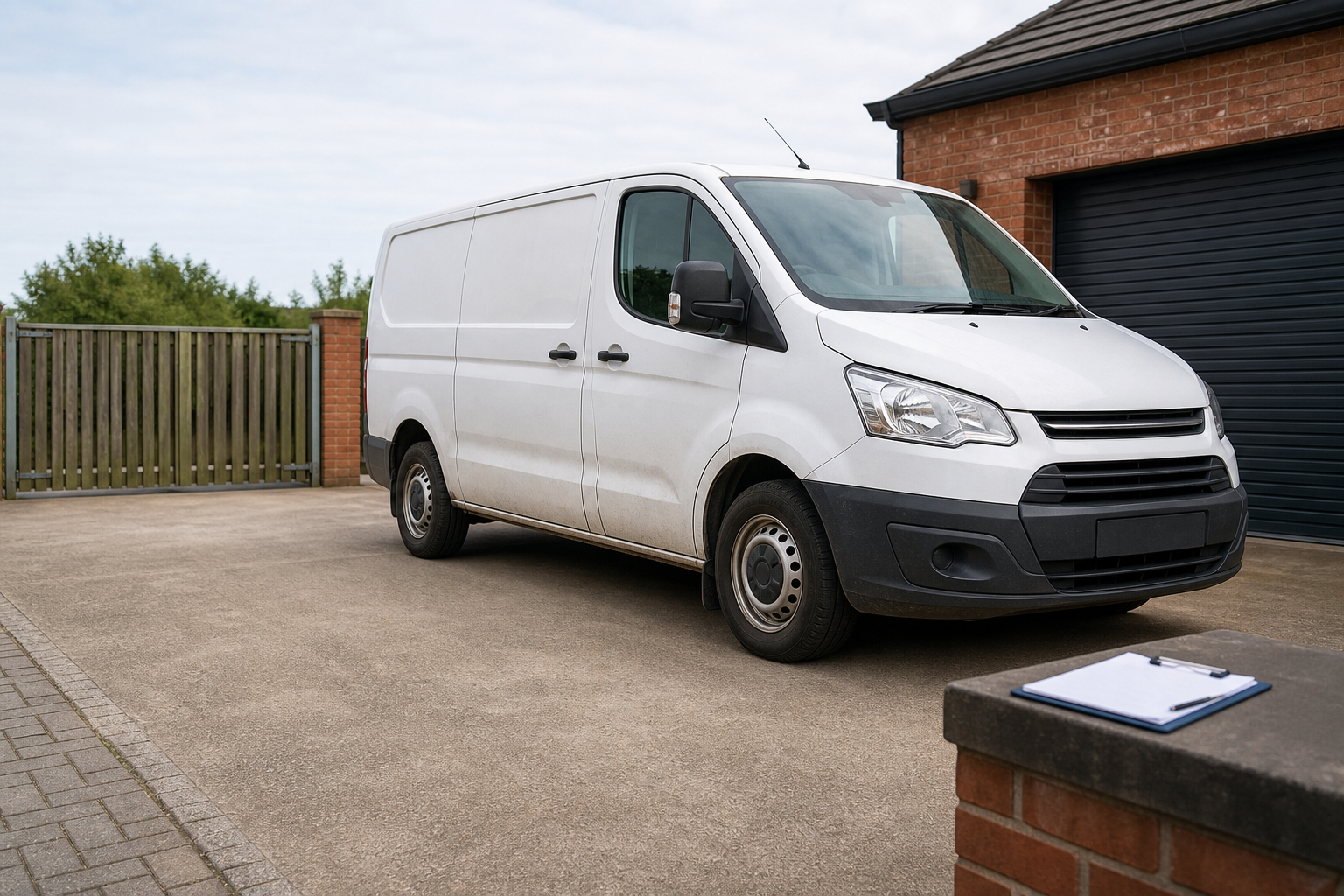 A white van parked in a driveway next to a clipboard on a brick ledge.