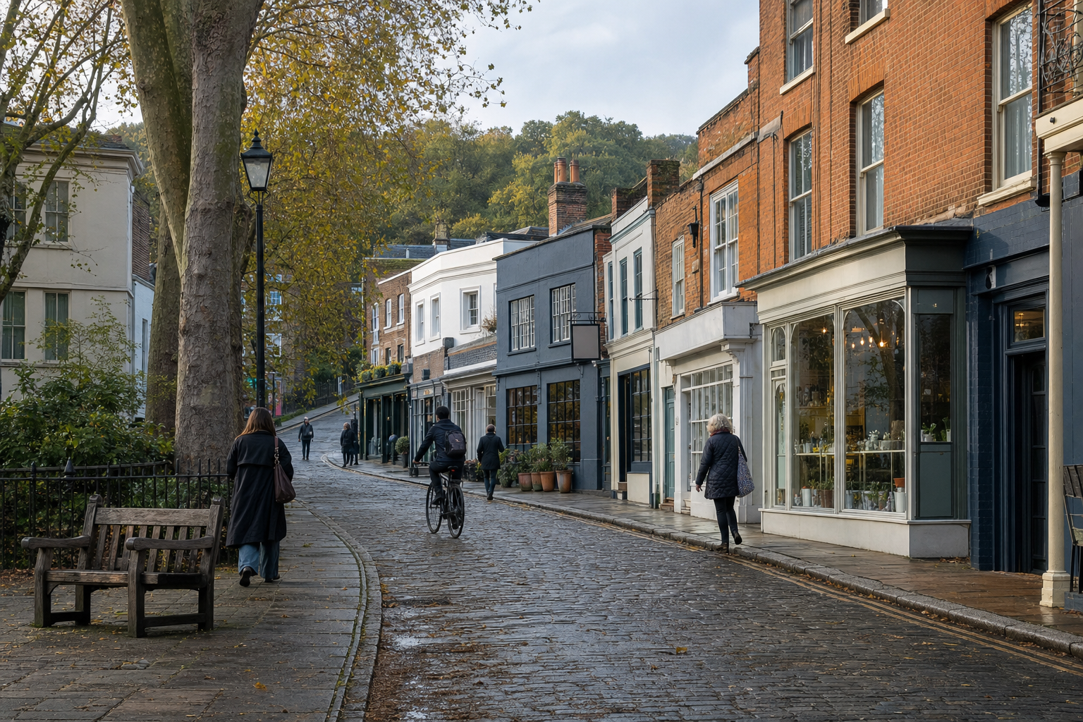 A quiet, tree-lined cobbled street with people walking and a cyclist, flanked by charming shops and autumn foliage.