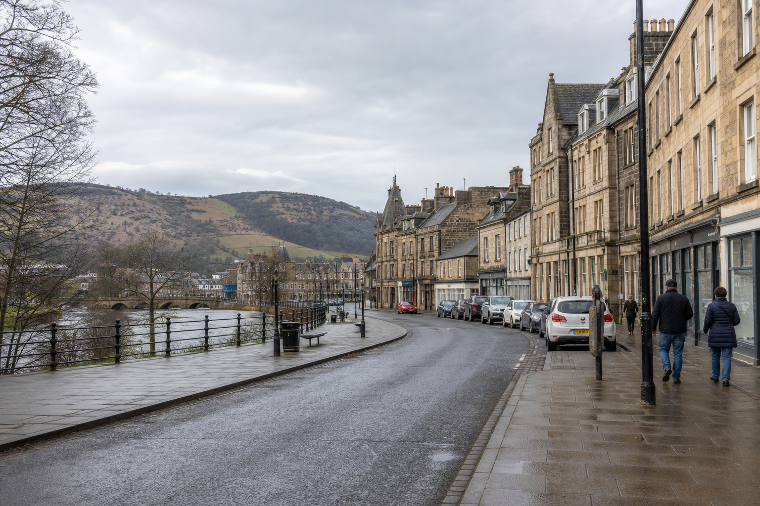 Rainy street in a British town, with parked cars and stone buildings lining the road, set against hilly landscape.