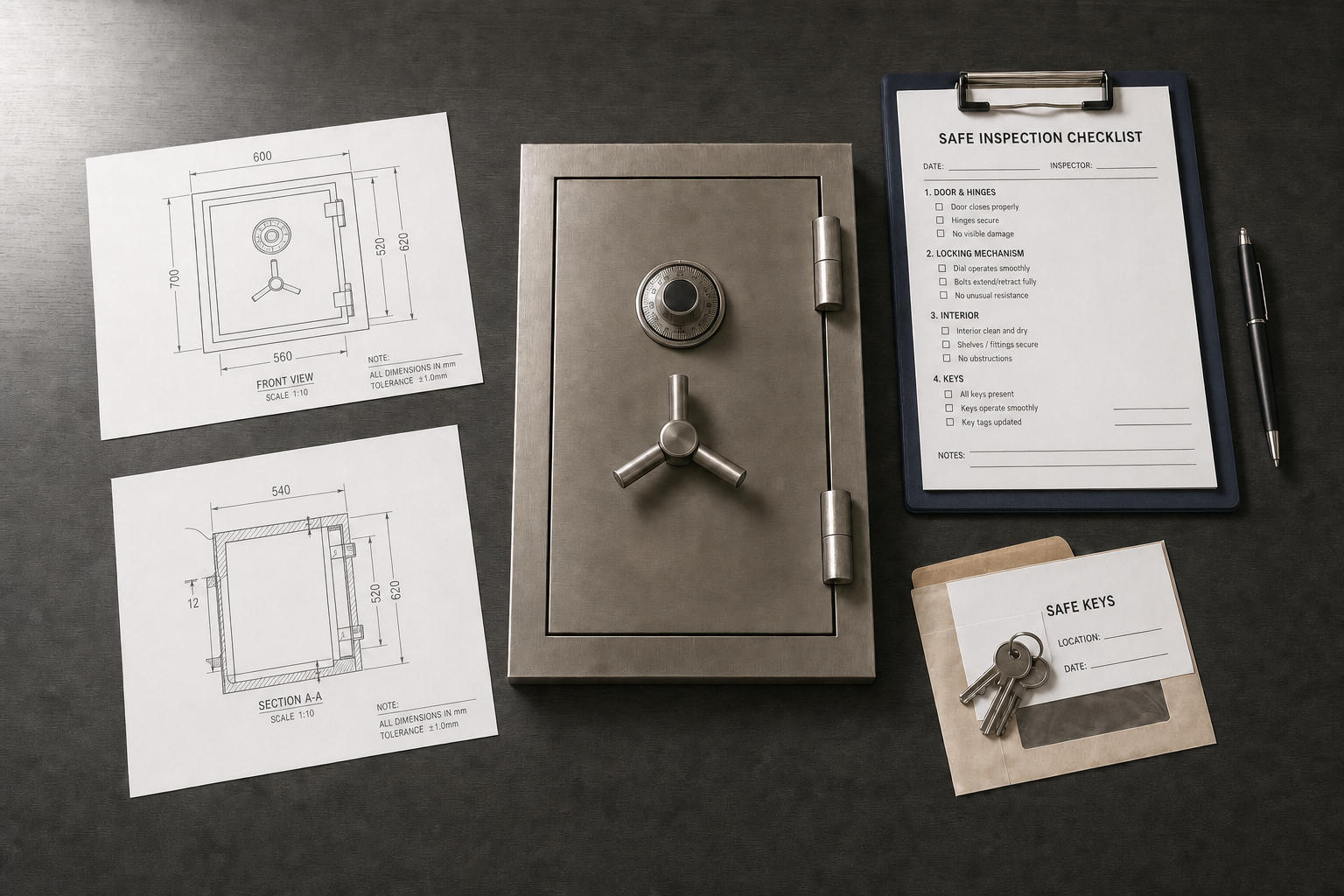 A metal safe with a combination lock, surrounded by blueprints, a checklist on a clipboard, and a set of keys in an envelope.
