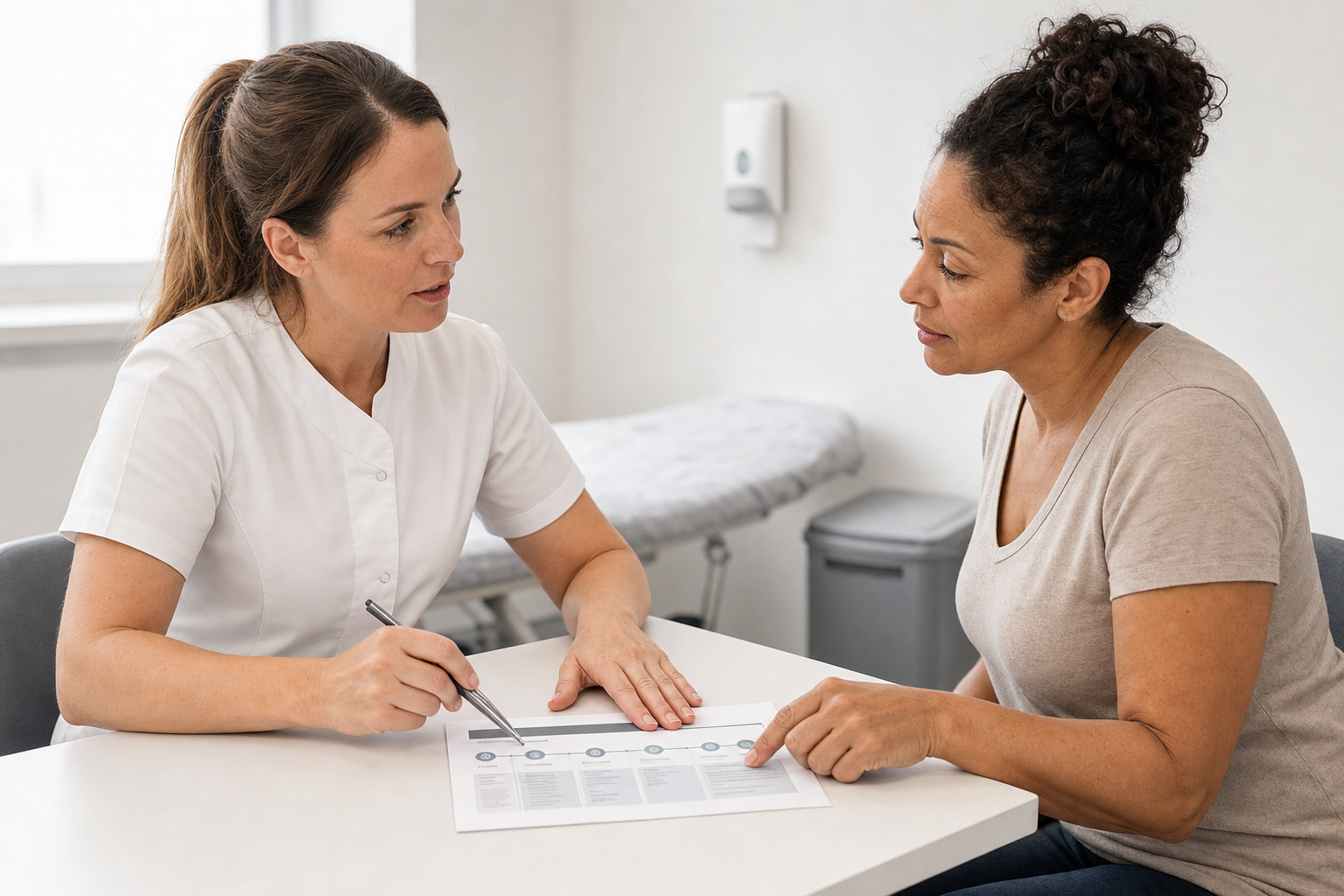 A healthcare professional discusses a document with a patient in a consultation room.