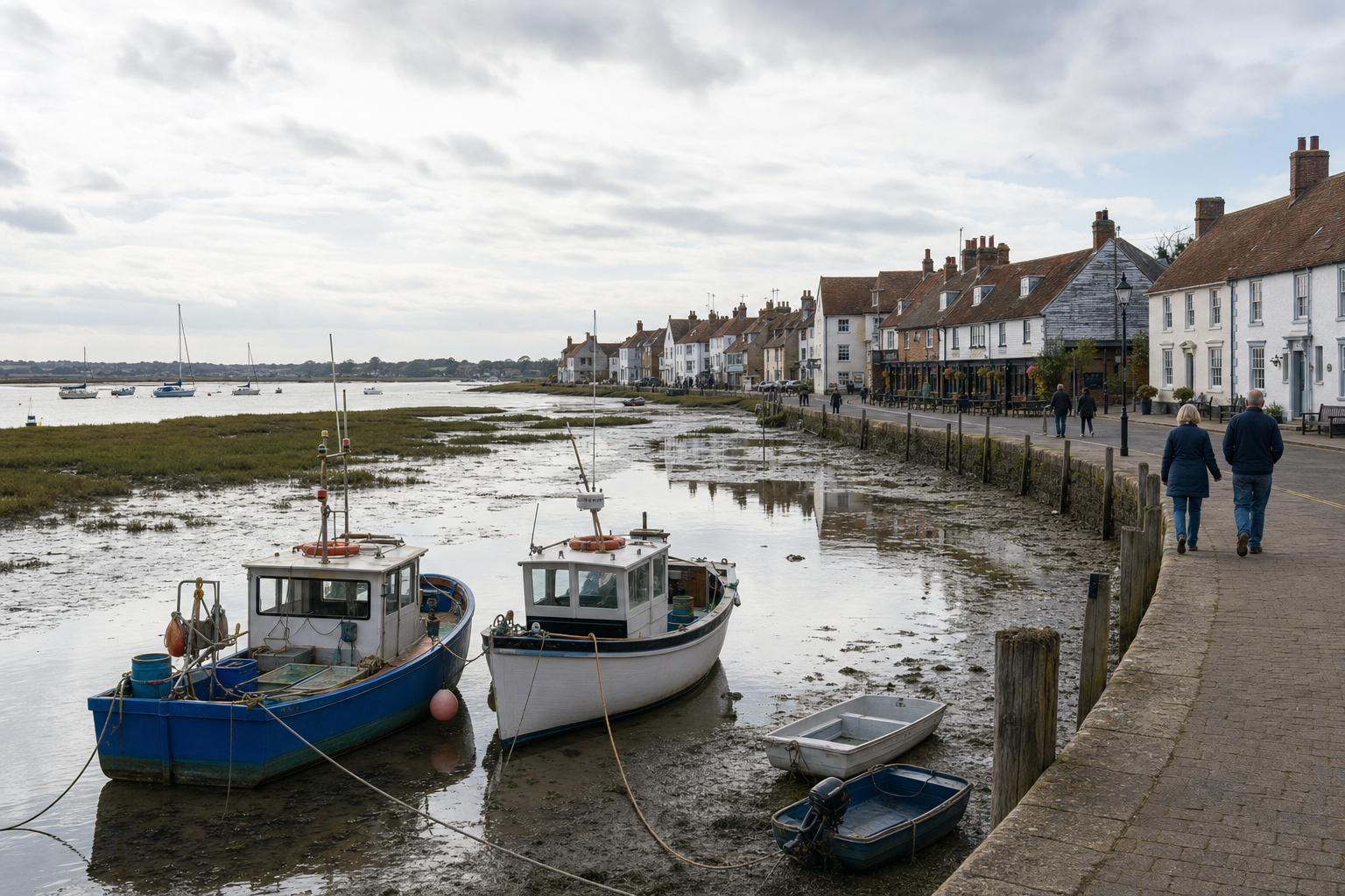 Two small boats moored in a tidal creek beside a row of quaint houses on a cloudy day.