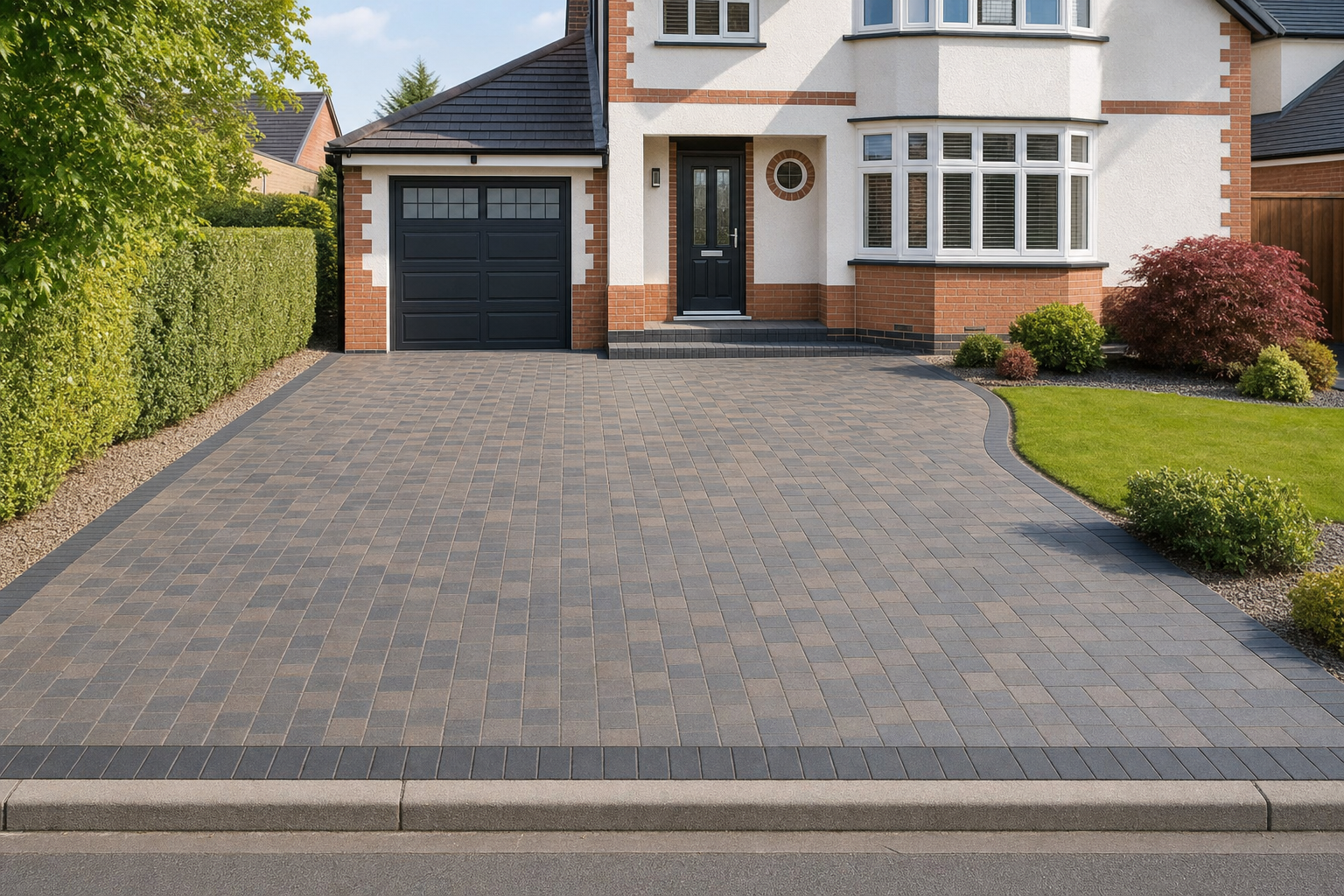 A modern house with a neatly paved driveway, surrounded by trimmed hedges and green lawns.