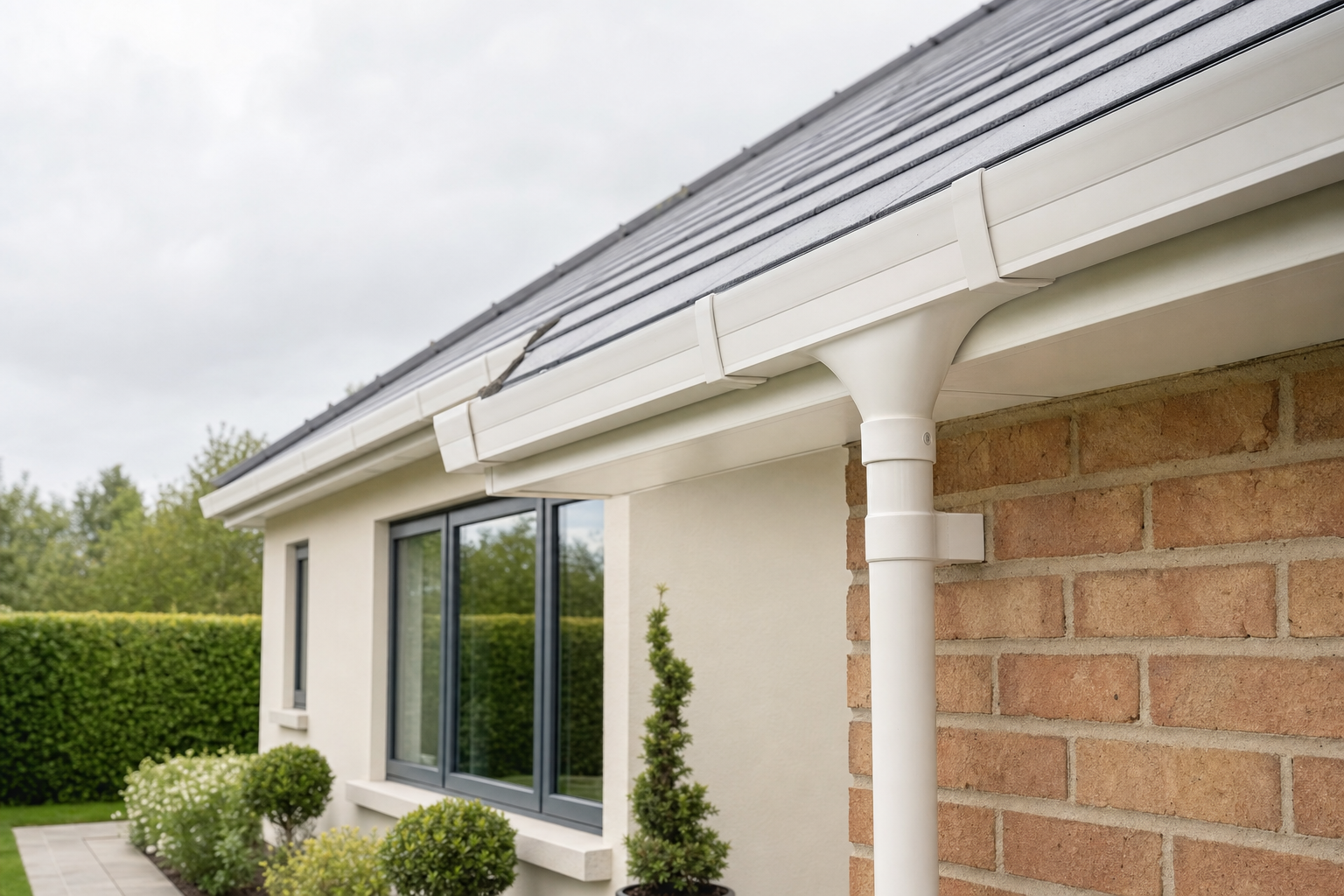 White plastic guttering and downpipe on a modern house with brick and cream rendering, surrounded by green shrubs.