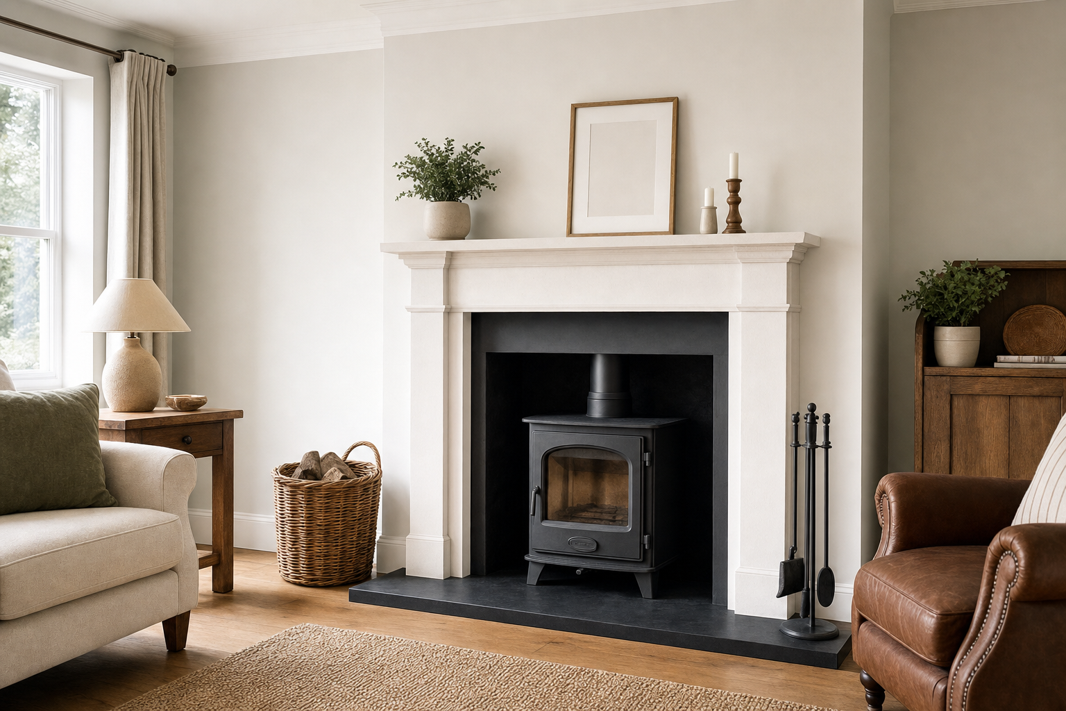 Cosy living room with a wood-burning stove, surrounded by a comfortable sofa, leather armchair, and a basket of firewood.