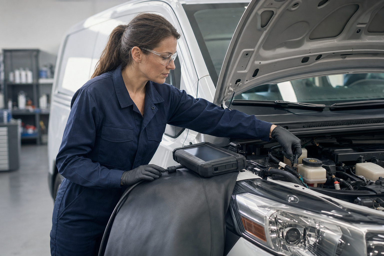 Mechanic in blue coveralls and safety glasses inspects a van engine inside a garage.