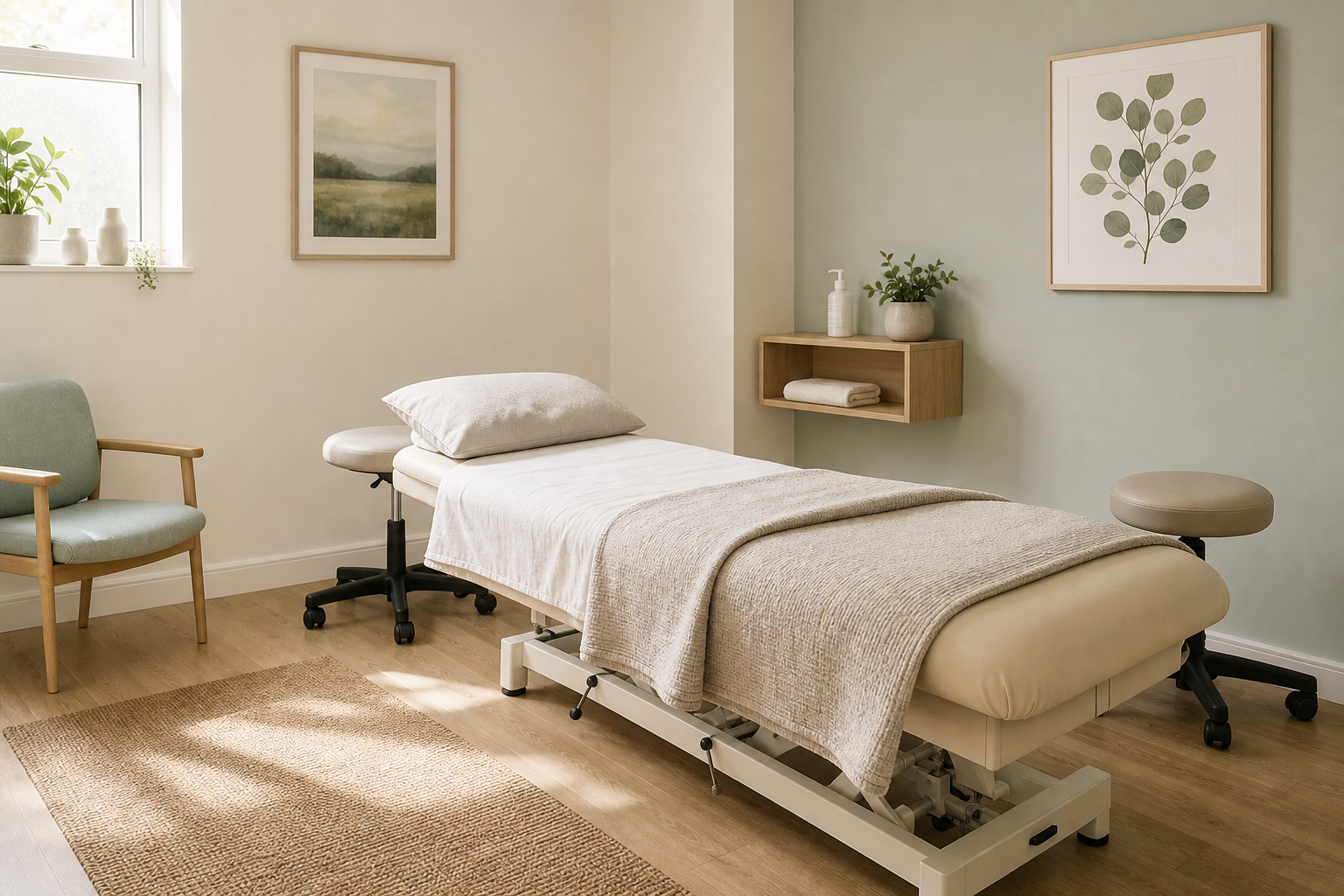 A serene therapy room with a massage table, wooden chair, and calming artwork on the walls.