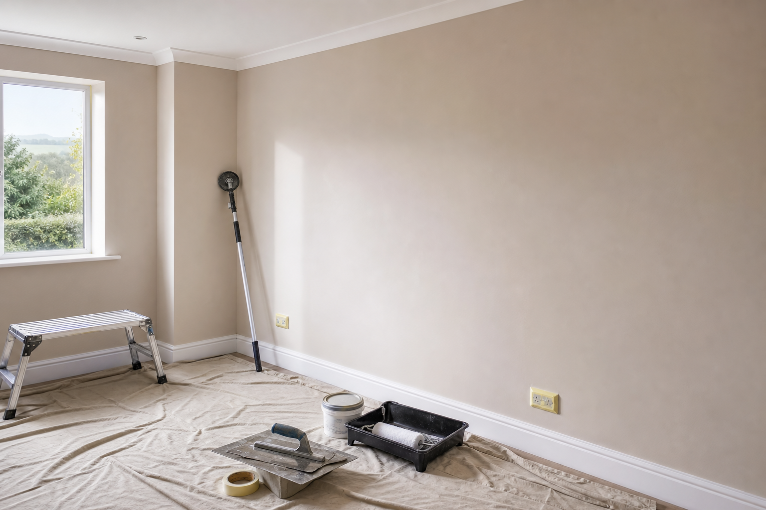 A freshly plastered room with painting tools and a step stool on a dust sheet.
