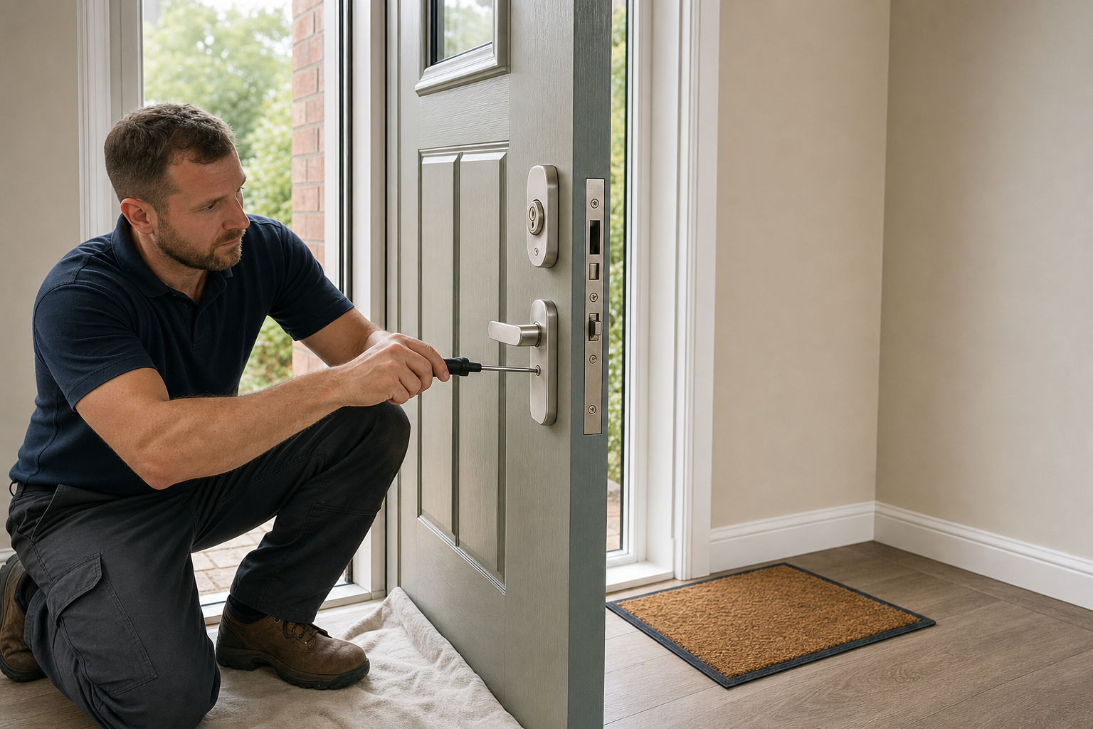 A man kneels and uses a screwdriver to fix a door lock inside a light-filled entryway.