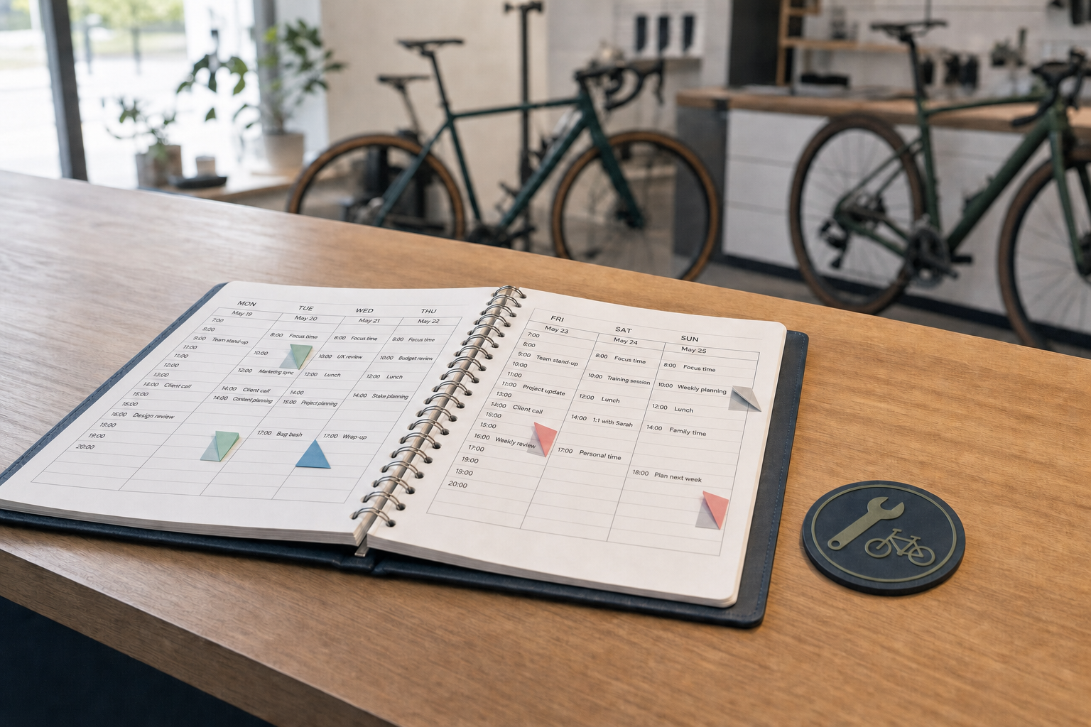 Open planner with a weekly schedule on a wooden table, with bicycles in the background, suggesting a cycling-themed workspace.